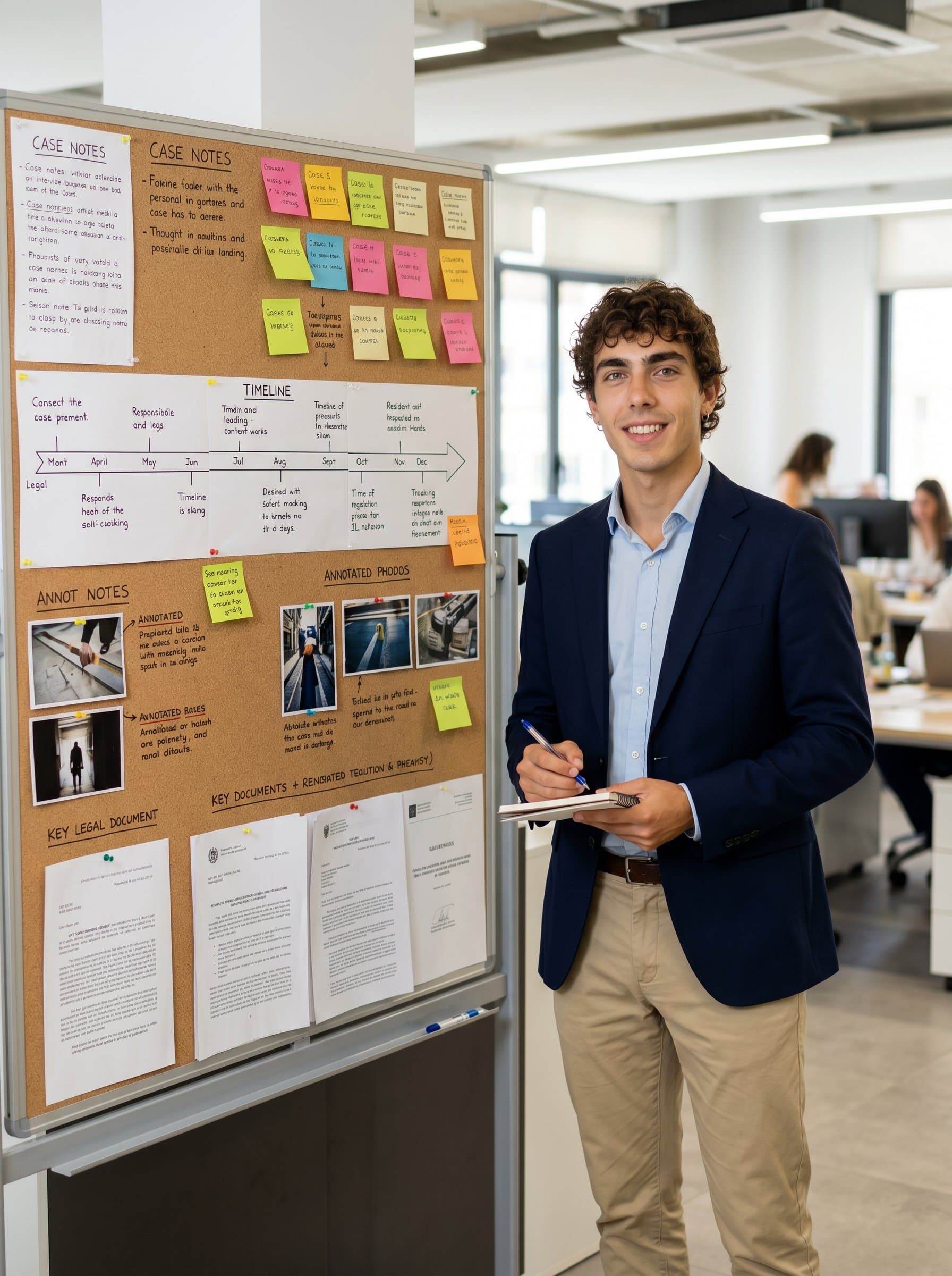 : Paralegal standing by a large corkboard covered with legal notes and timelines, showcasing organizational skills and attention to detail in a vibrant office setting. Photorealistic.