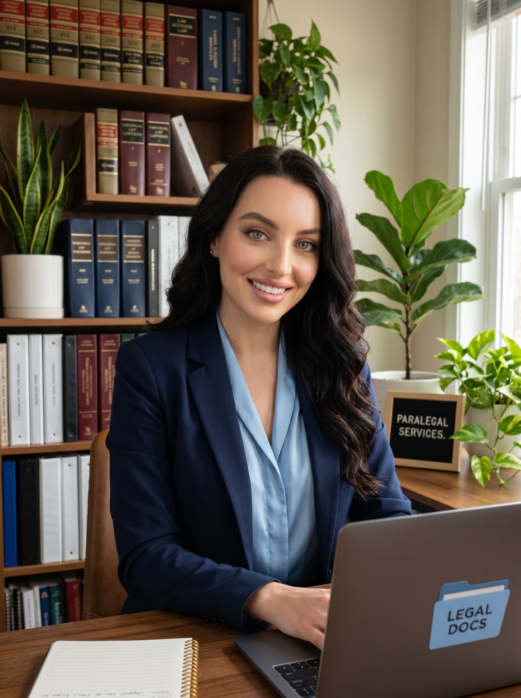 : Headshot of a paralegal in a home office setup, with a bookshelf and indoor plants. The cozy yet professional environment hints at flexibility in legal work. Photorealistic.