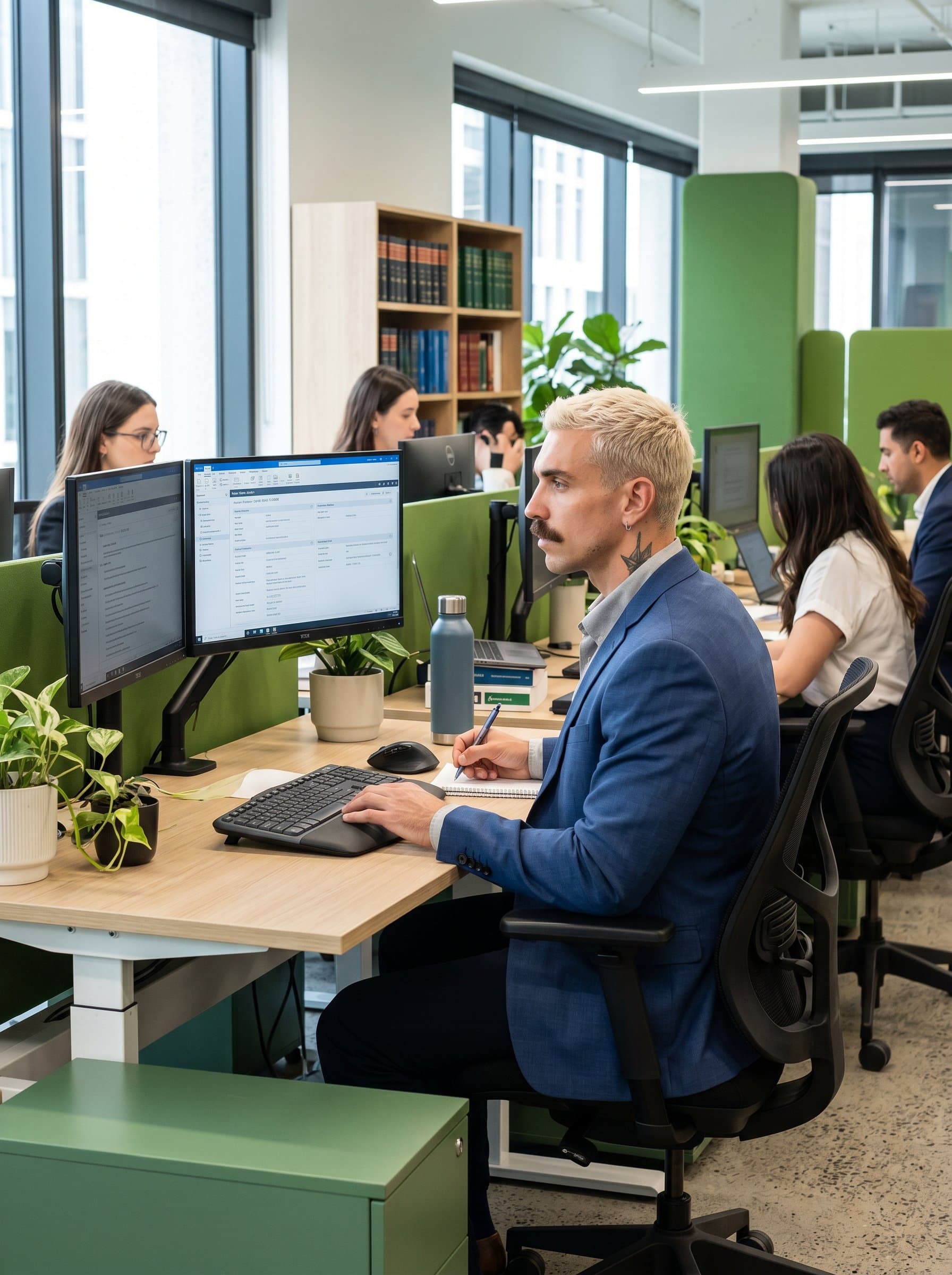 : A paralegal in a contemporary office designed with ergonomic furniture, expressing a commitment to well-being and productivity in the legal sector. Photorealistic.