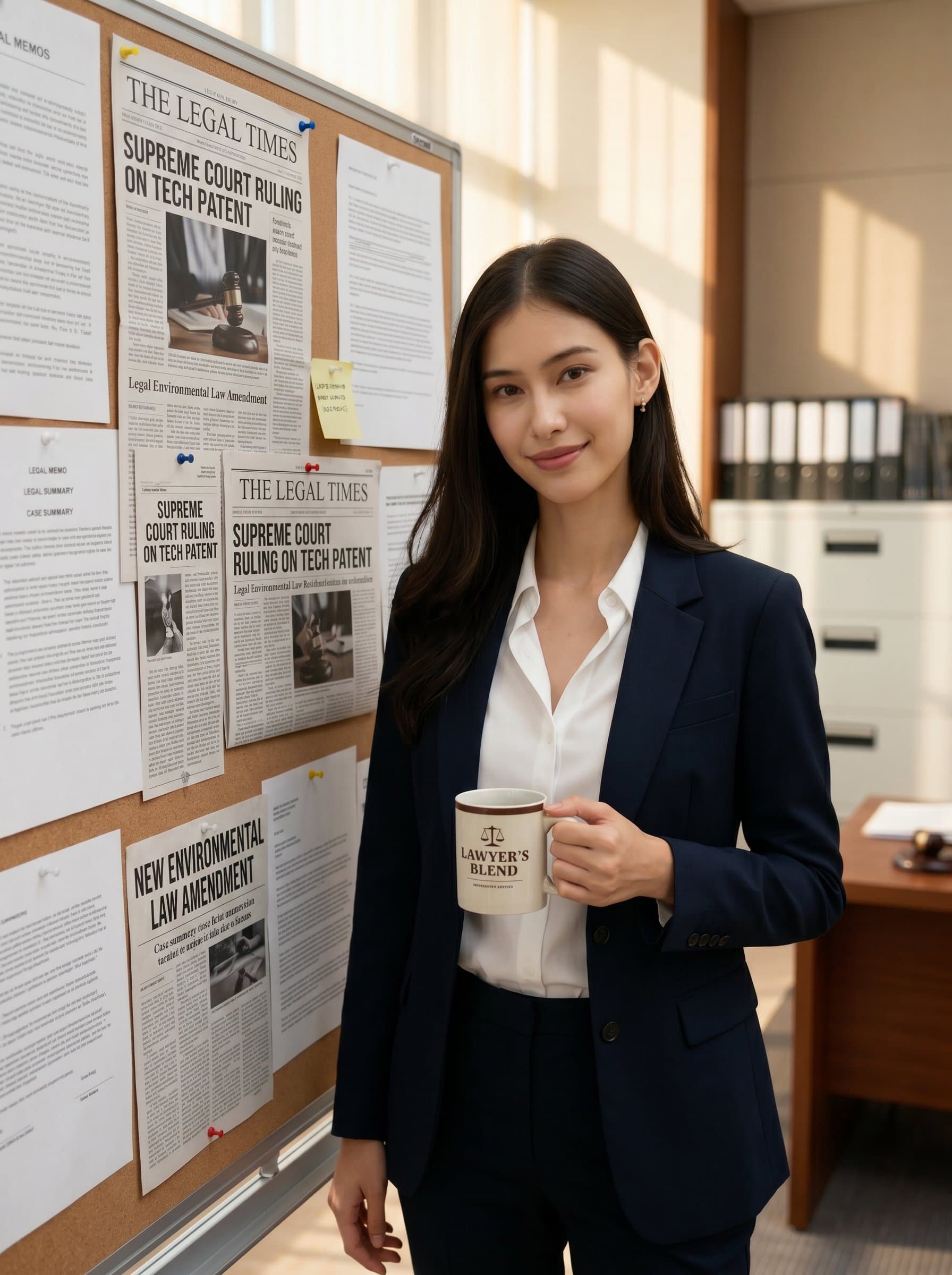 : Portrait of a paralegal with a cup of coffee, standing beside a bulletin board filled with legal clippings, signifying dedication and engagement with current legal issues. Photorealistic.
