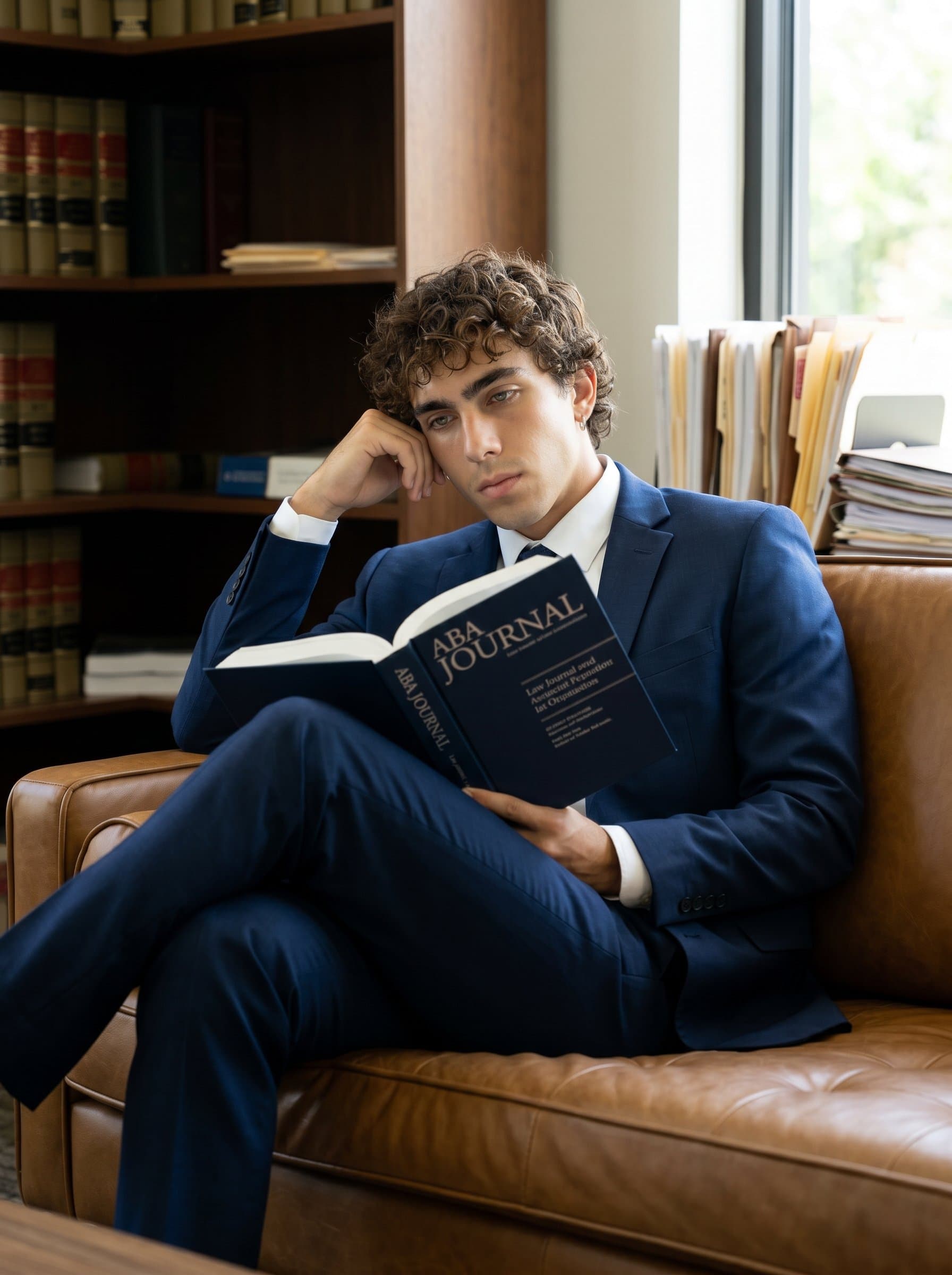 : Paralegal relaxed on a stylish office couch, with a law journal in hand, creating an impression of thoughtful reflection and ongoing professional development. Photorealistic.