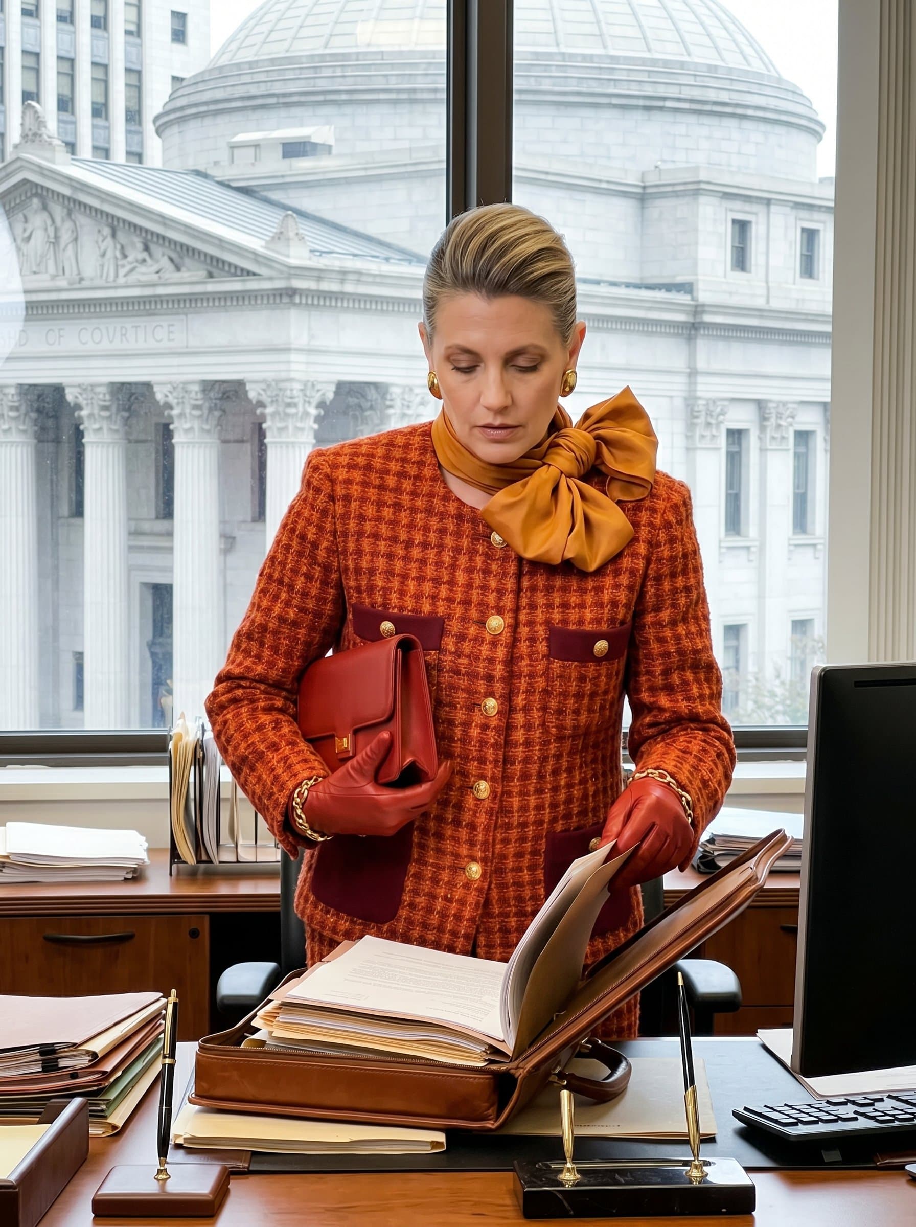 : Paralegal in front of an open briefcase on a desk, with courthouse architecture visible through the office window, suggesting readiness and legal expertise. Photorealistic.