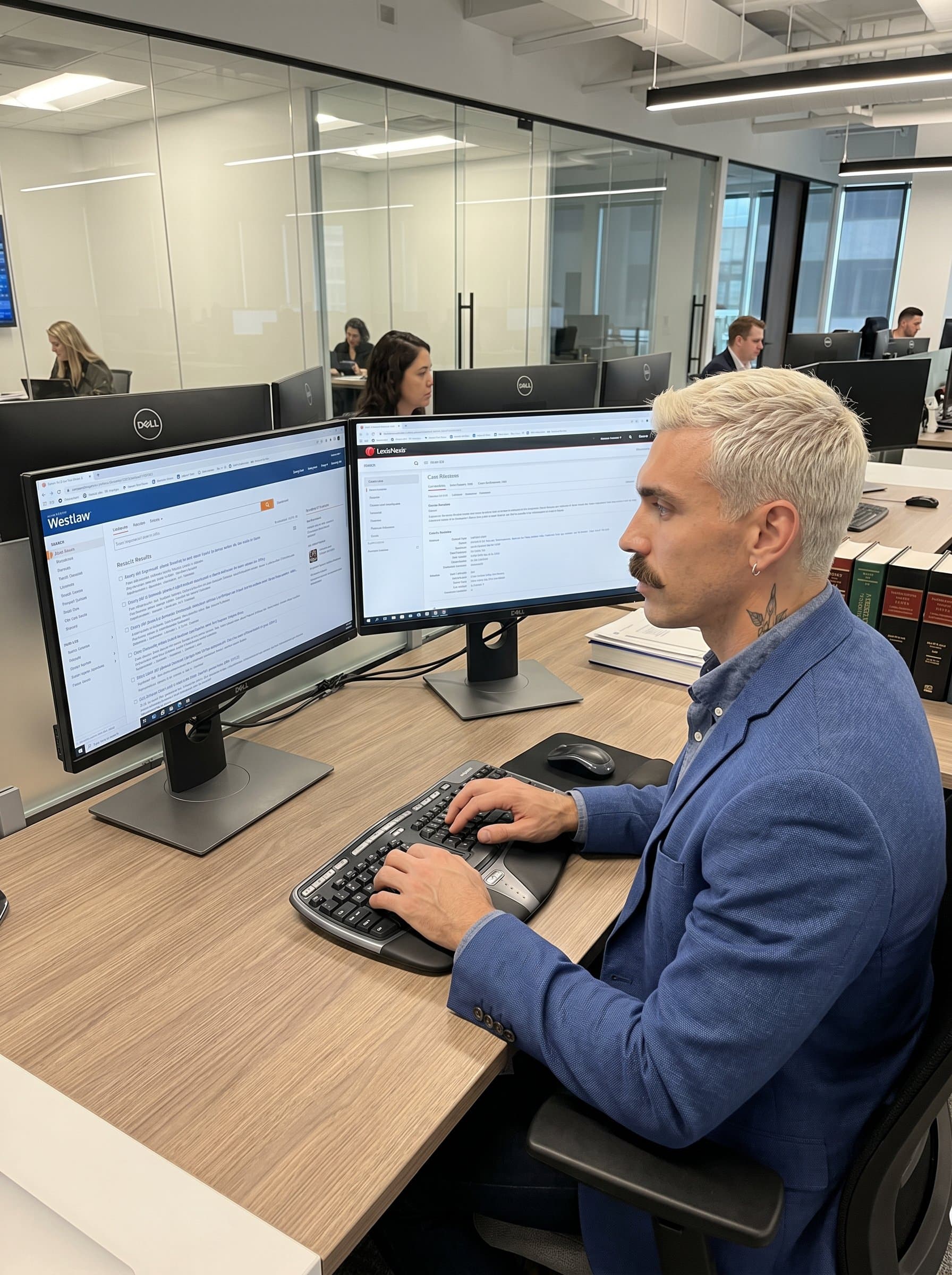 : A paralegal typing on a keyboard, with dual monitors displaying legal databases. The tech-savvy environment indicates efficiency and modern legal processes. Photorealistic.
