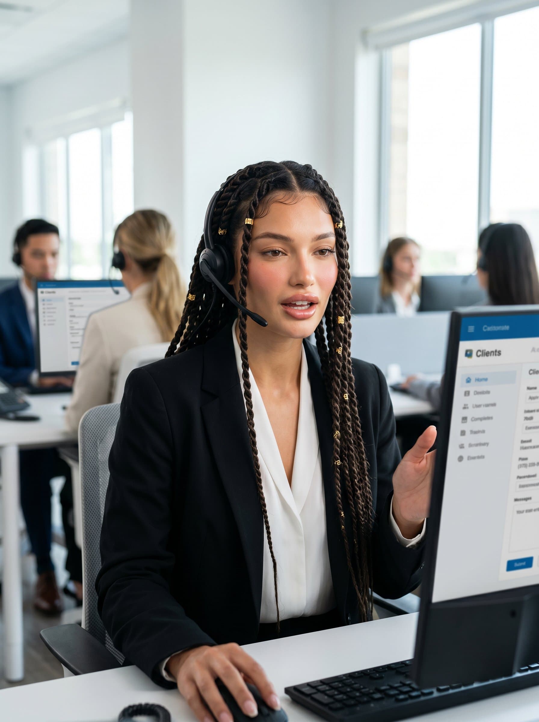 : Portrait of a paralegal with a headset, working in a well-lit, modern call center environment, reflecting client interaction and communication in legal services. Photorealistic.