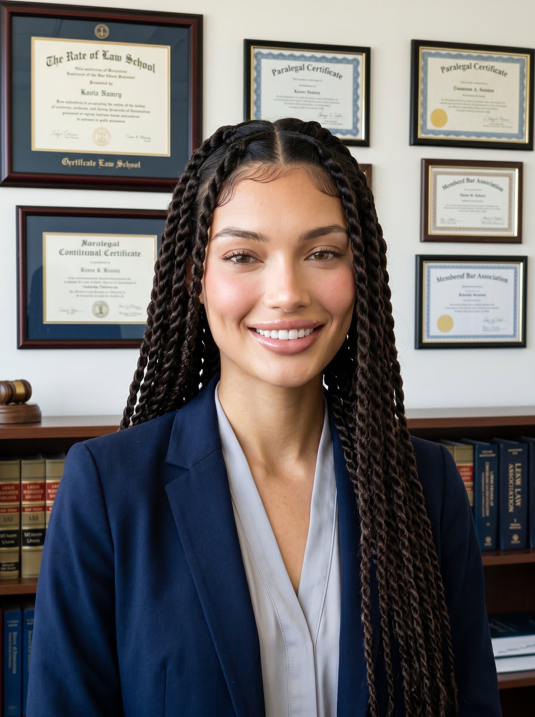 : Headshot of a paralegal in a well-lit office, with diplomas and certificates on the wall, symbolizing their competence and dedication to the legal field. Photorealistic.