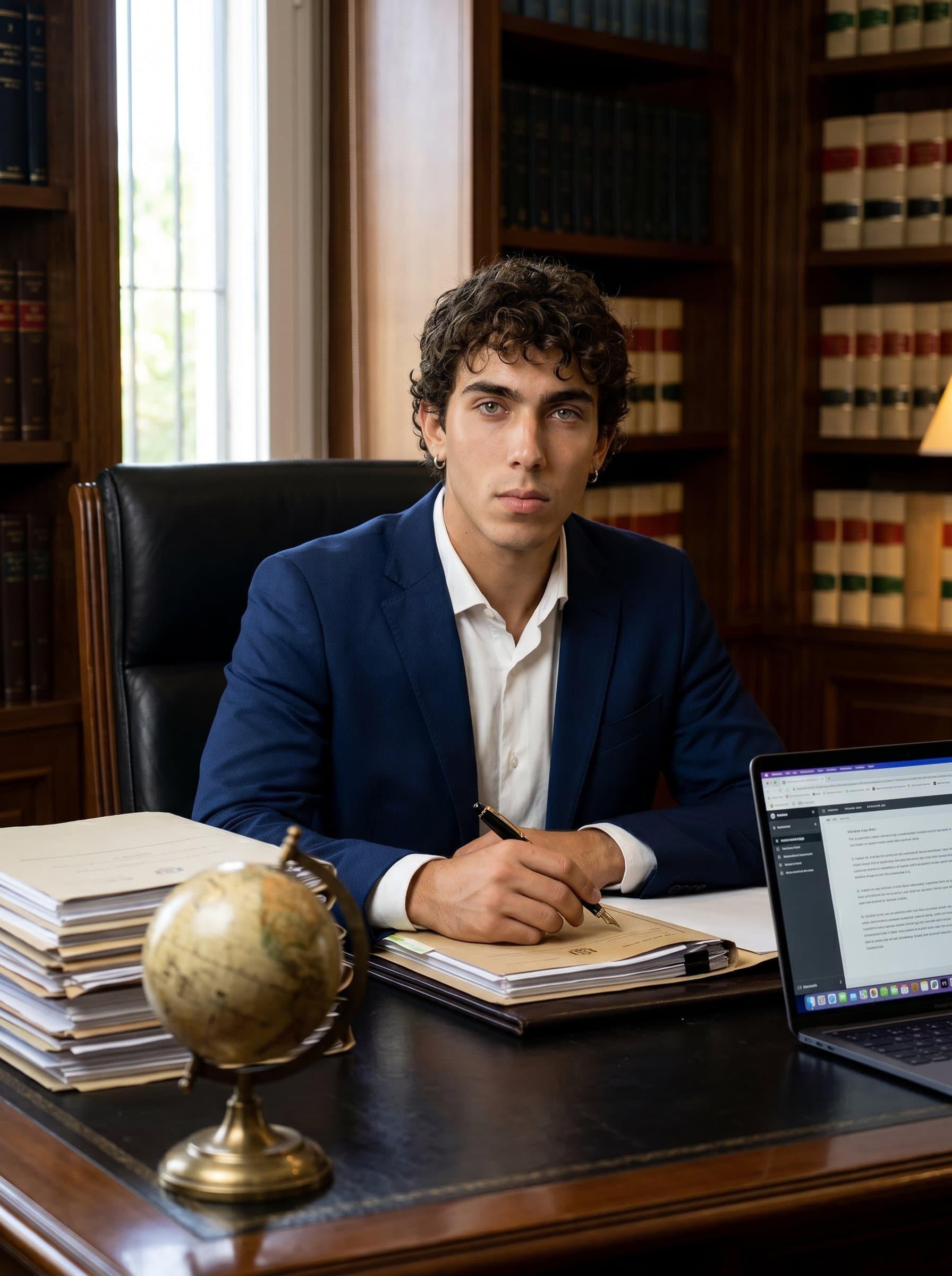 : A paralegal seated confidently, pen in hand, with an antique globe and stacks of case files, suggesting a blend of tradition and modernity in legal practice. Photorealistic.