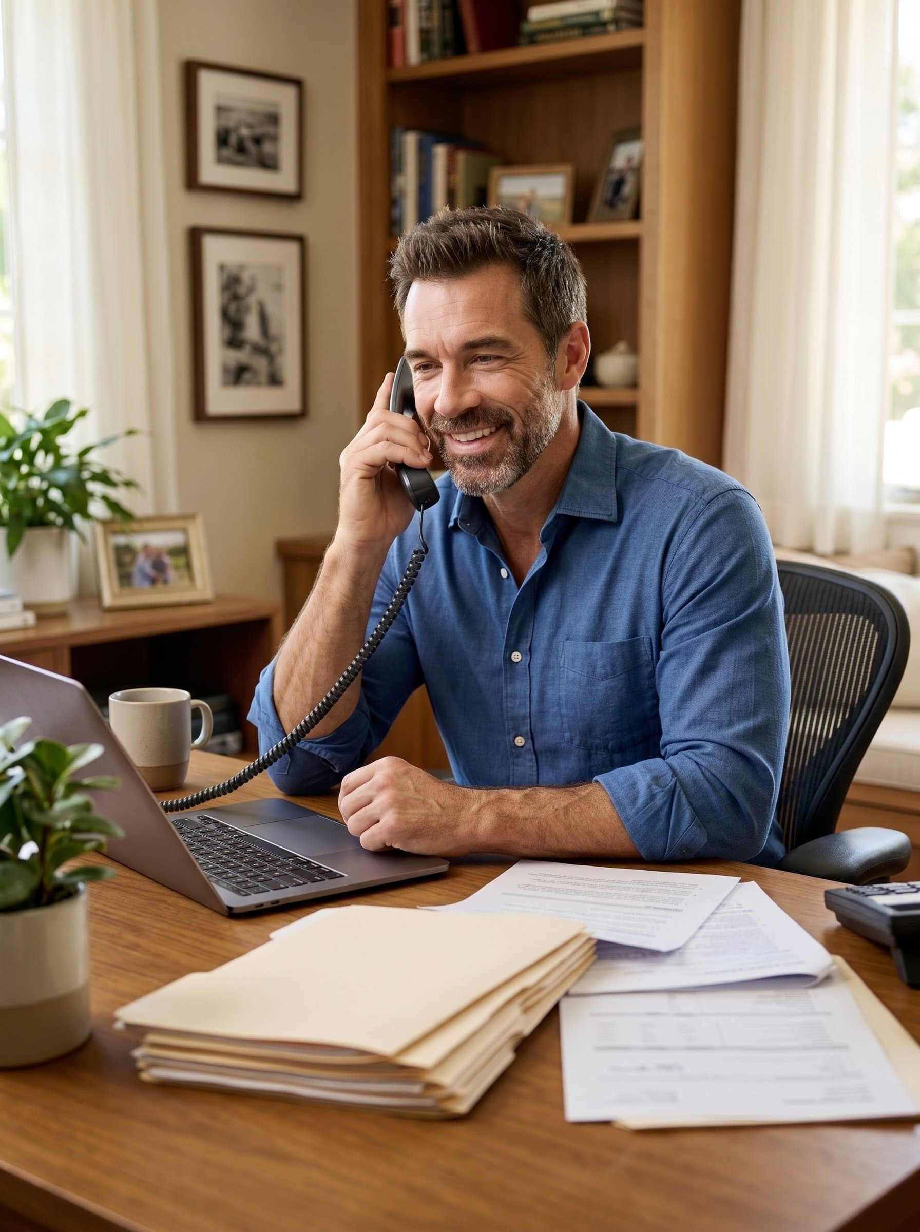 Friendly at a desk, speaking on the phone with a slight smile, surrounded by files and a laptop. The setting is cozy yet professional, suggesting accessibility and a personal touch to their services.