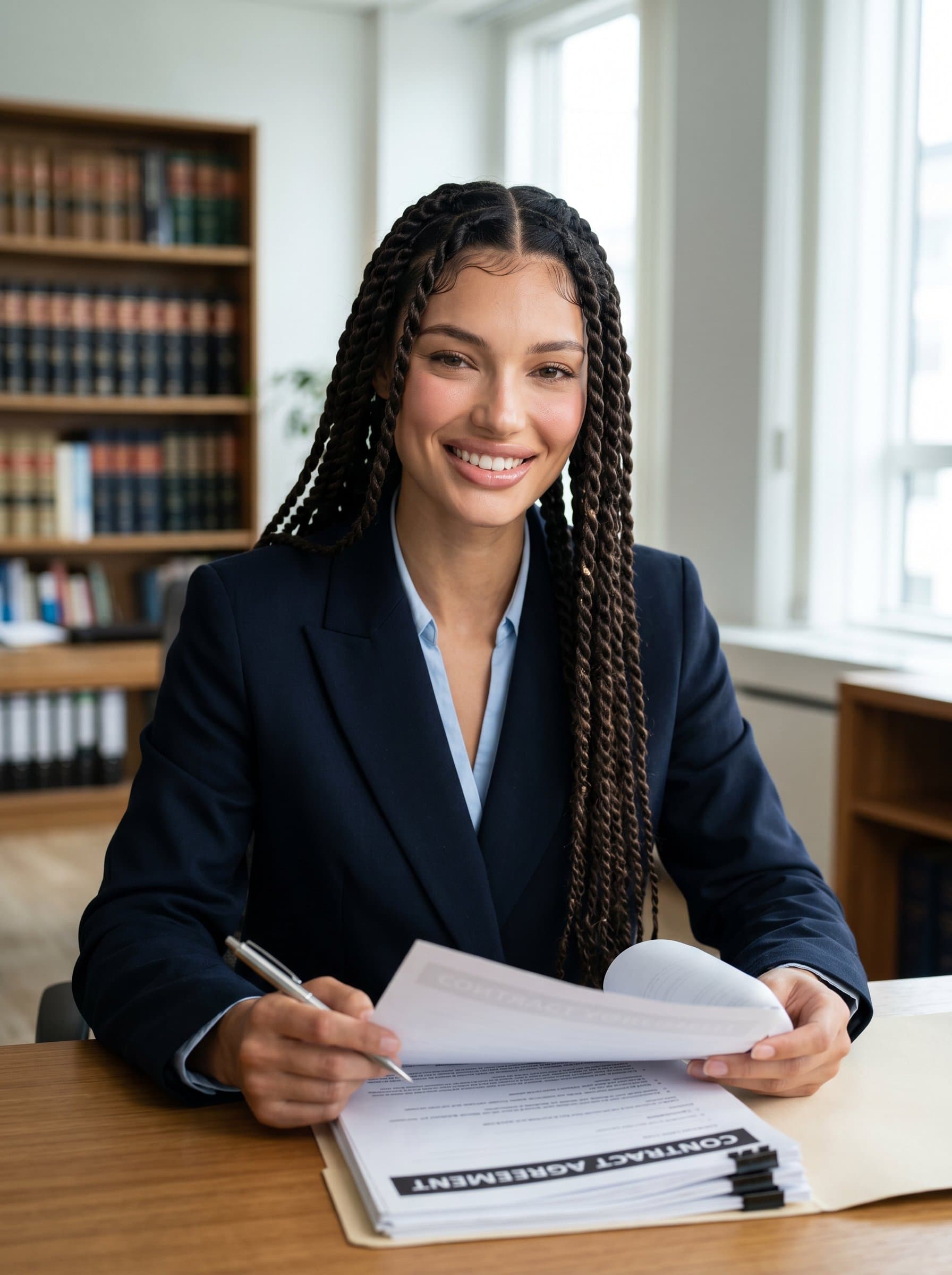 A confident in a sleek suit, holding a pen and legal documents, in a modern office with bookshelves. The lighting is soft, highlighting their approachable yet authoritative demeanor, emphasizing reliability and trust.