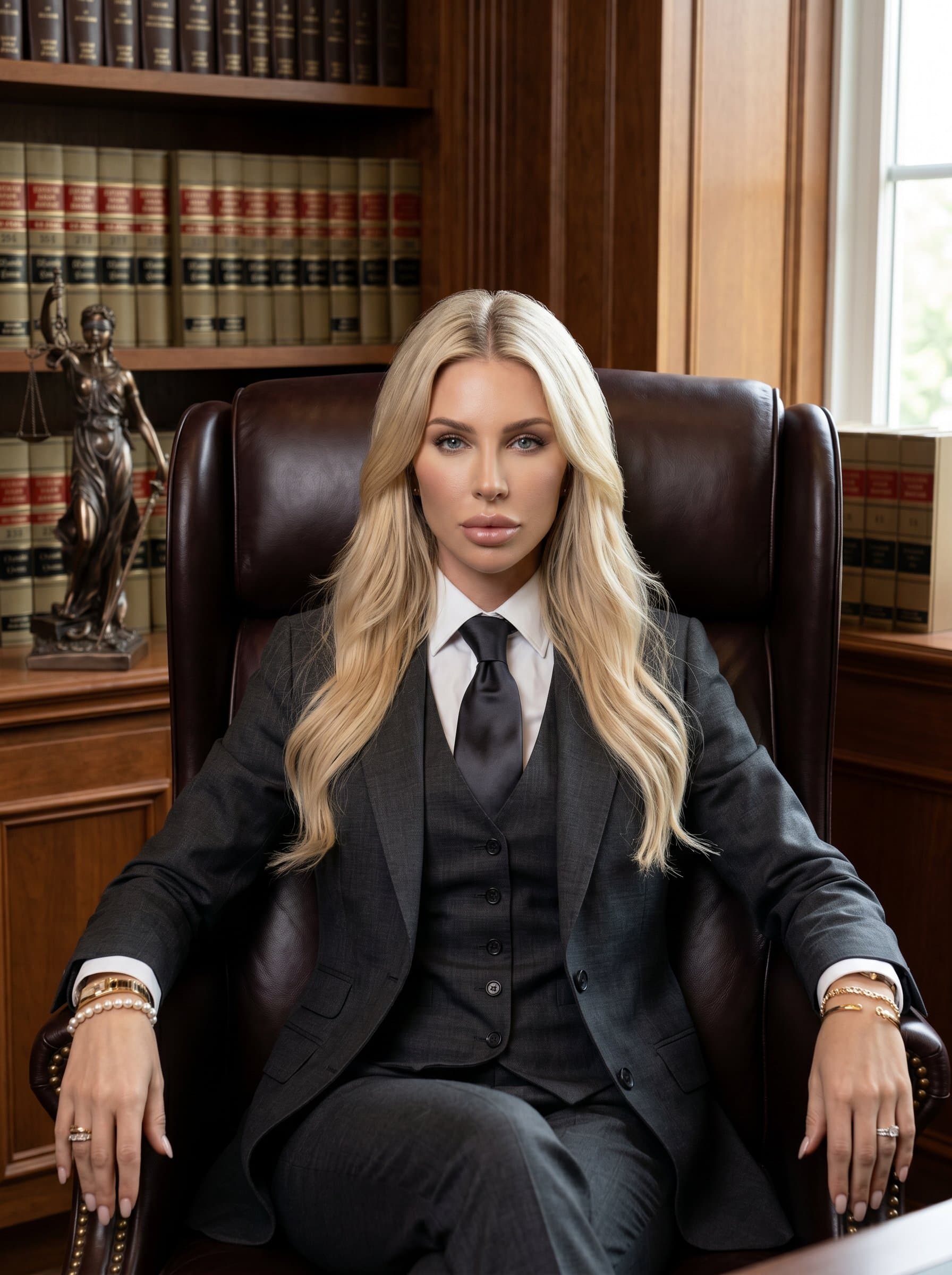in formal attire, sitting in a leather chair in a well-appointed office. A serious expression with direct eye contact conveys trustworthiness. Background features subtle legal-themed decor for authenticity.