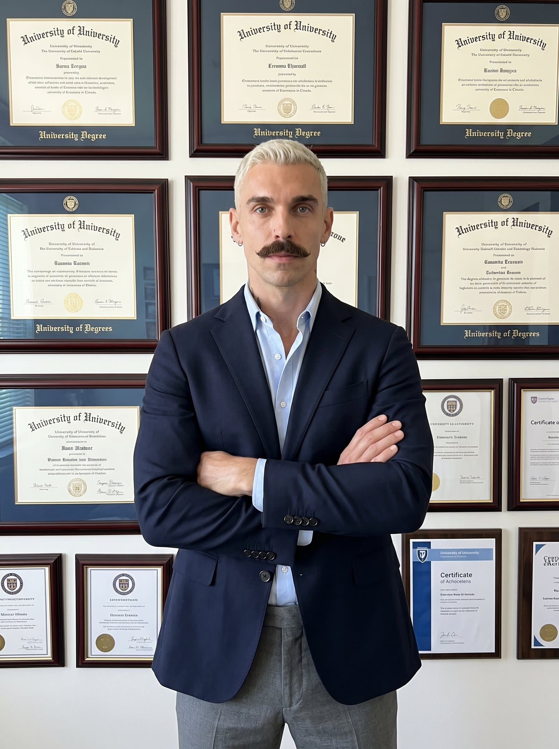 A composed standing with crossed arms in front of a wall of diplomas and certificates. The lighting is bright and clear, underscoring the man’s credibility, expertise, and professional integrity.