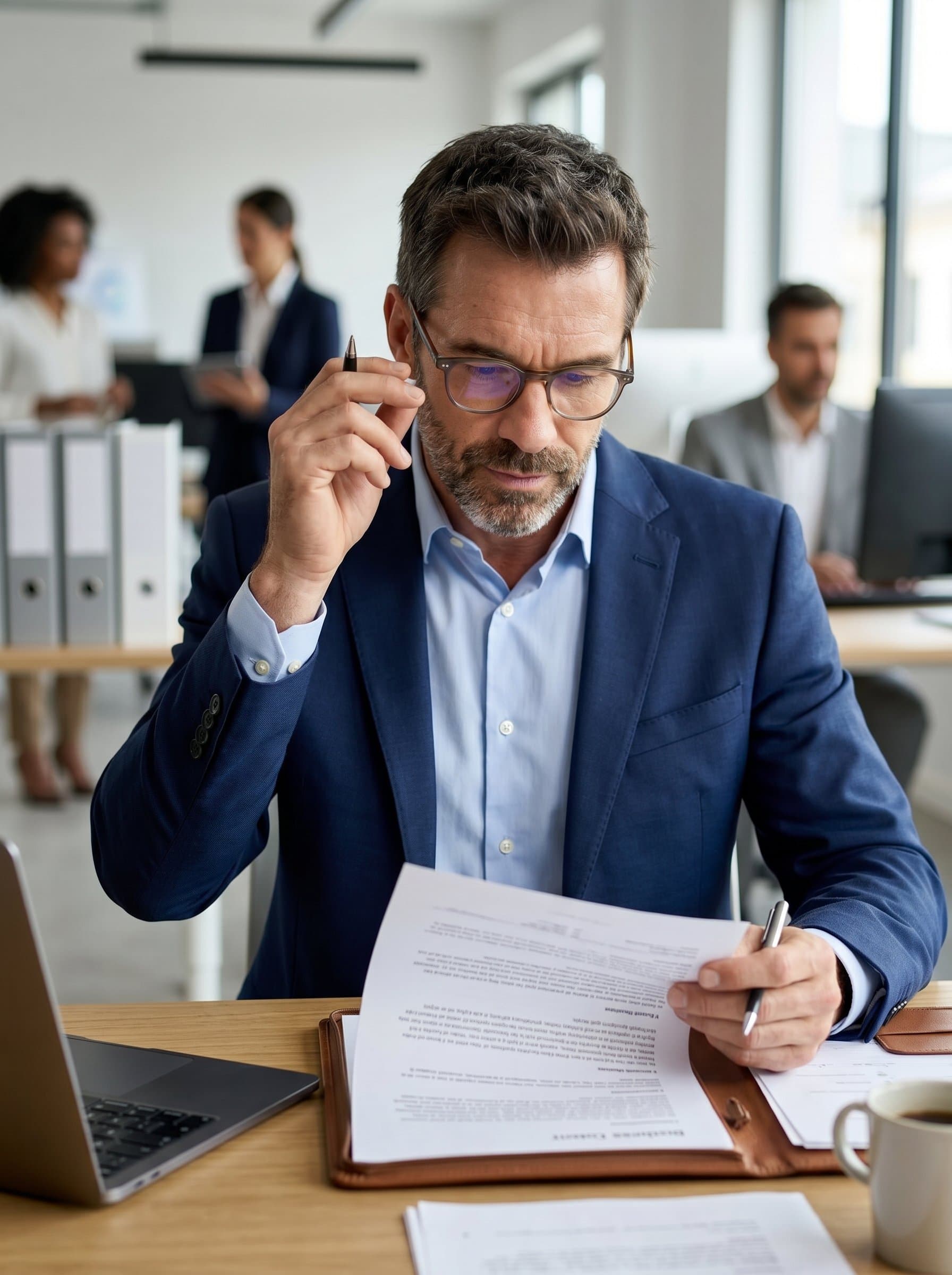Professional adjusting their glasses while reviewing a document. A background of softly blurred office elements keeps focus on their attentive expression, projecting competence and diligence.