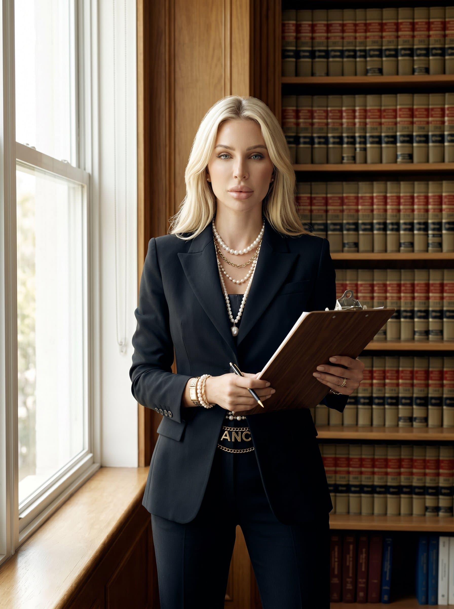 in a well-fitted suit, standing beside a large window that provides natural light, holding a clipboard. Background features law books, reinforcing a sense of authority, professionalism, and attention to detail.