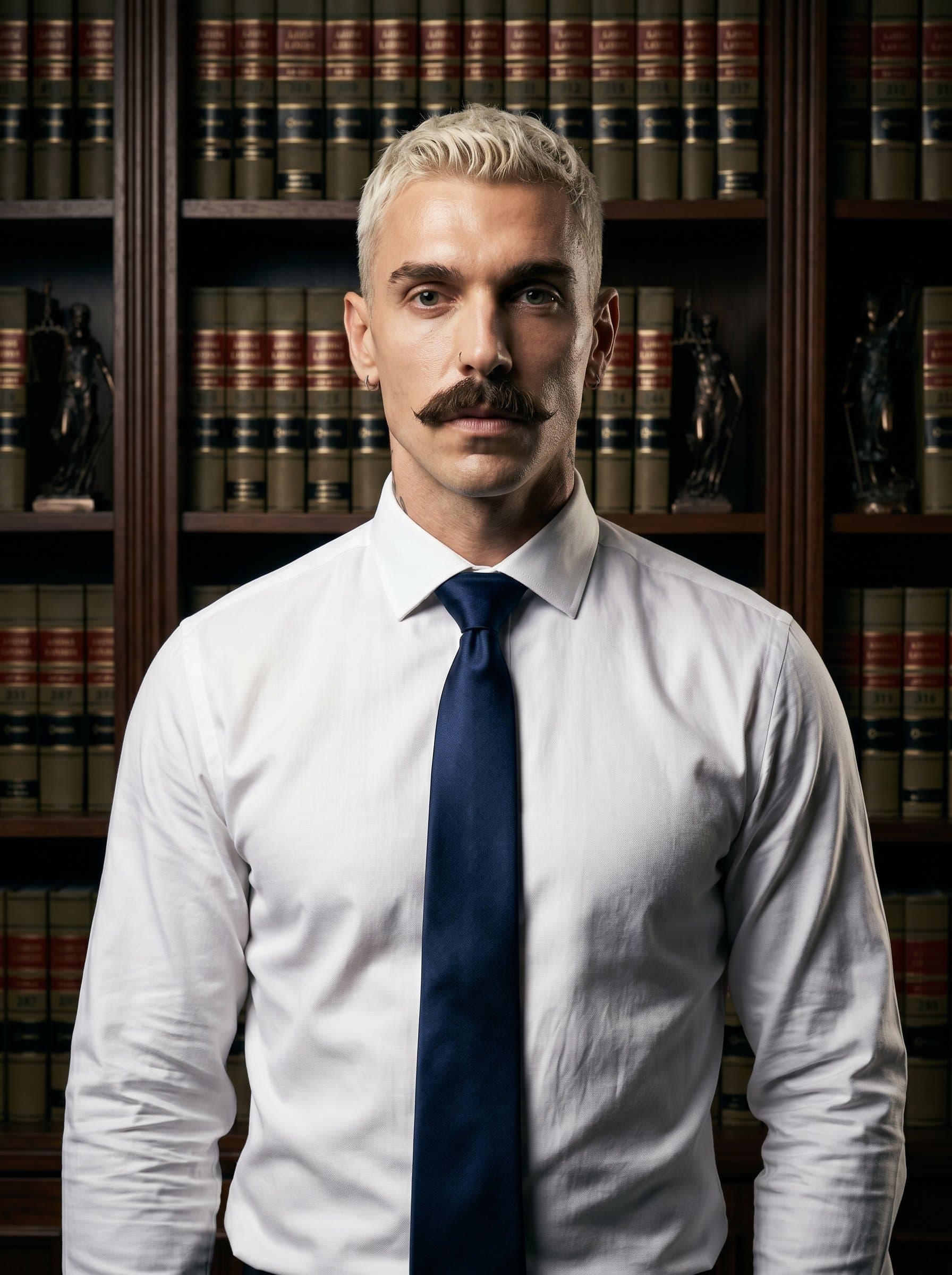 wearing a crisp white shirt and tie, standing in front of a large bookshelf filled with law books. Lighting is dramatic but professional, emphasizing the man's expertise and commitment.
