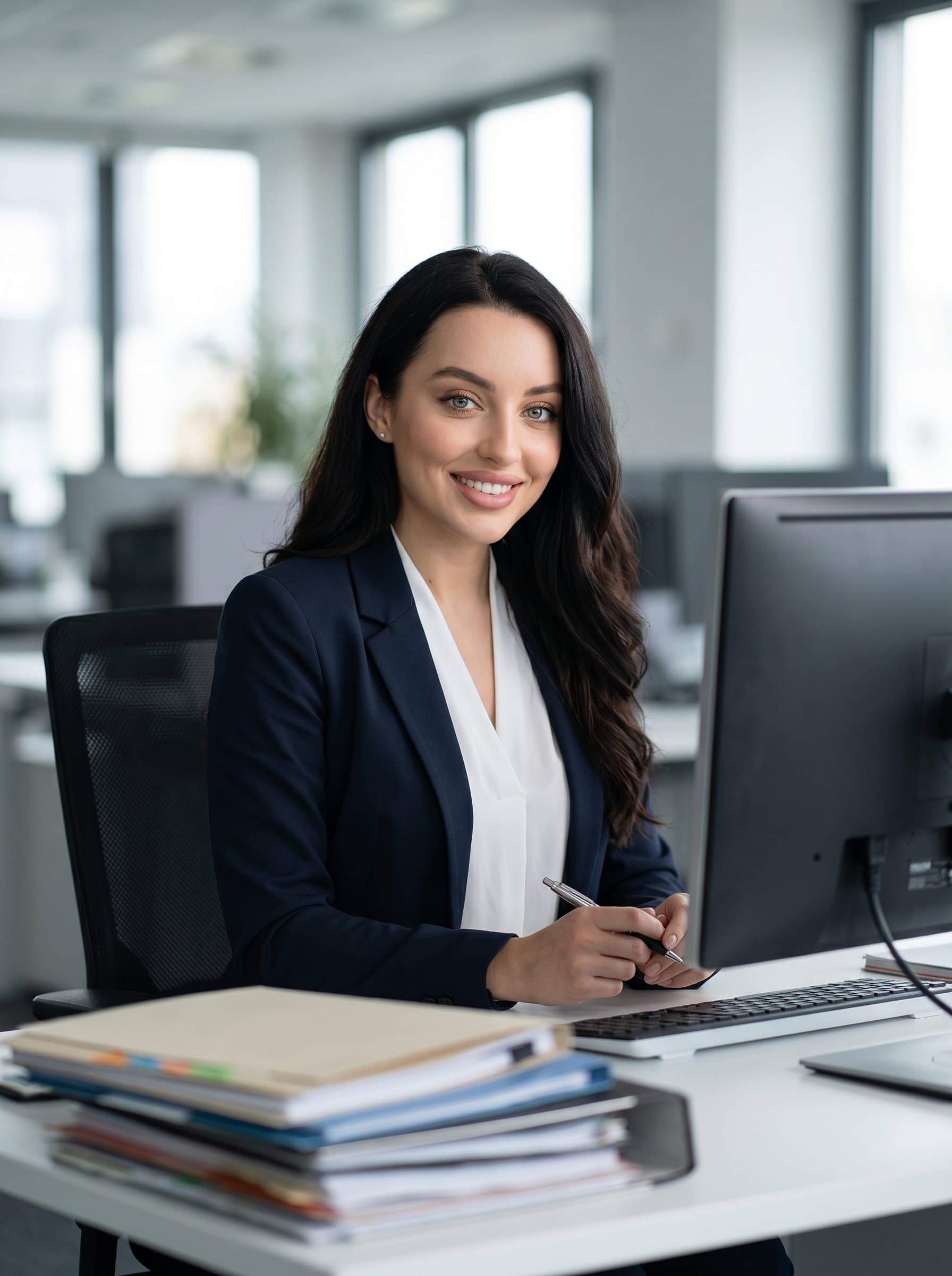 wearing smart casual attire, in an office setting with a computer and folders. A warm smile suggests approachability. The background is blurred to emphasize focus on the woman, suggesting reliability and efficiency.