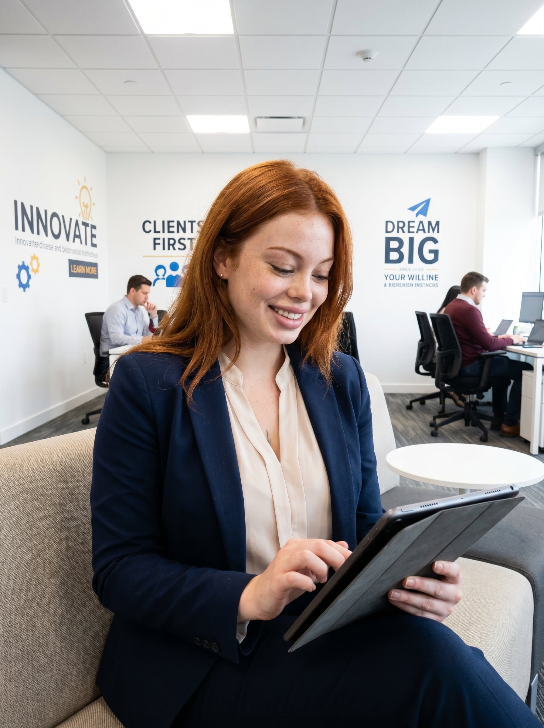 with a digital tablet, seated casually in a contemporary office environment. Background includes motivational quotes on the wall, projecting an image of forward-thinking professionalism and client-centered service.