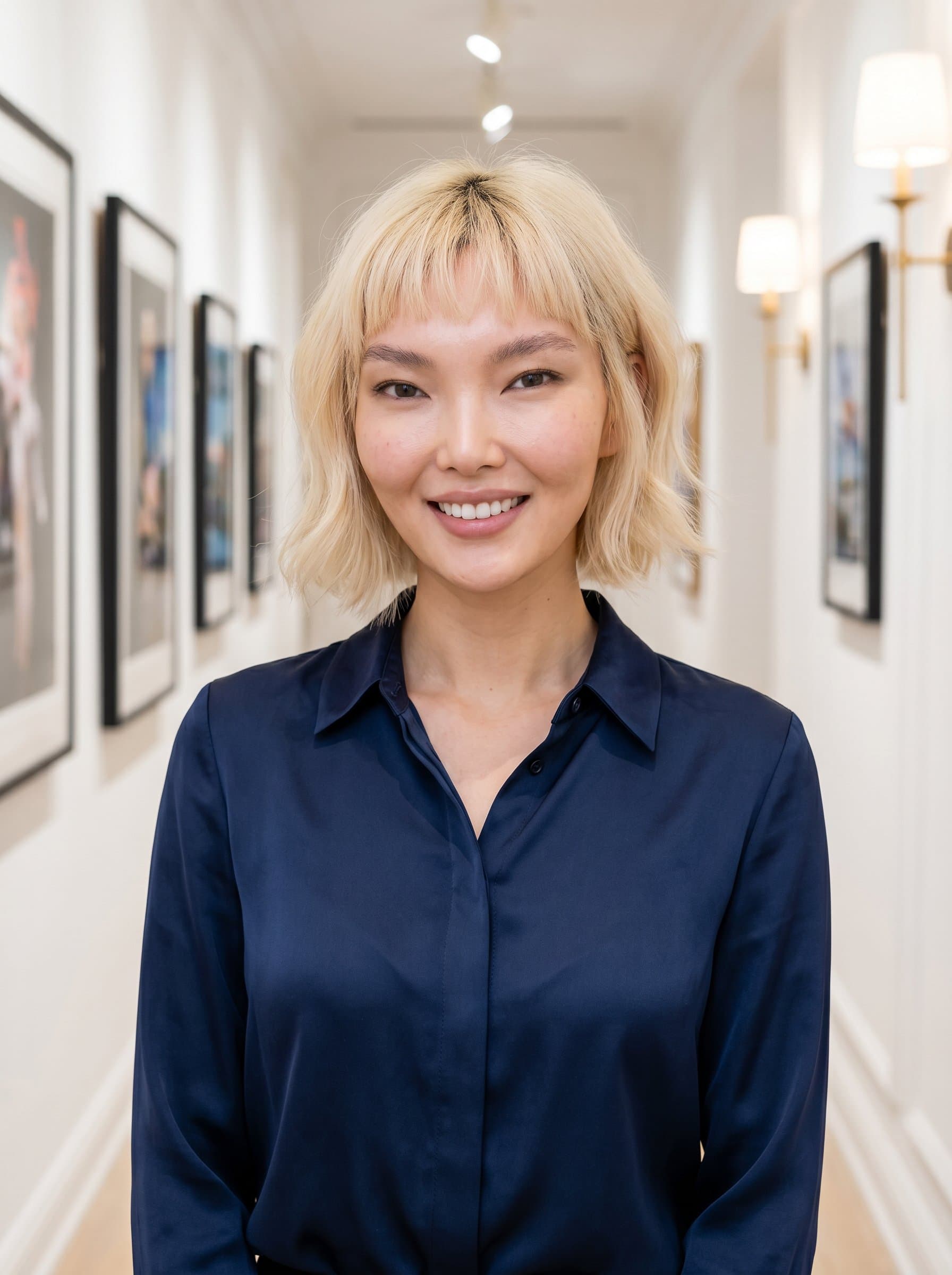 smiling warmly, standing in a gallery-lined corridor, wearing a tailored blouse. Bright, even lighting complements their approachable demeanor, underscoring a commitment to transparent, client-friendly services.