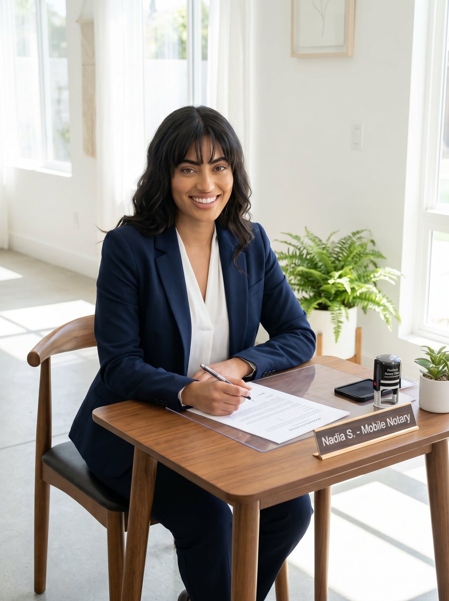 in a smart blazer, sitting at a small, neat table with a pen poised over a document. The environment is bright and airy, suggesting a clear, straightforward approach to notarial services.