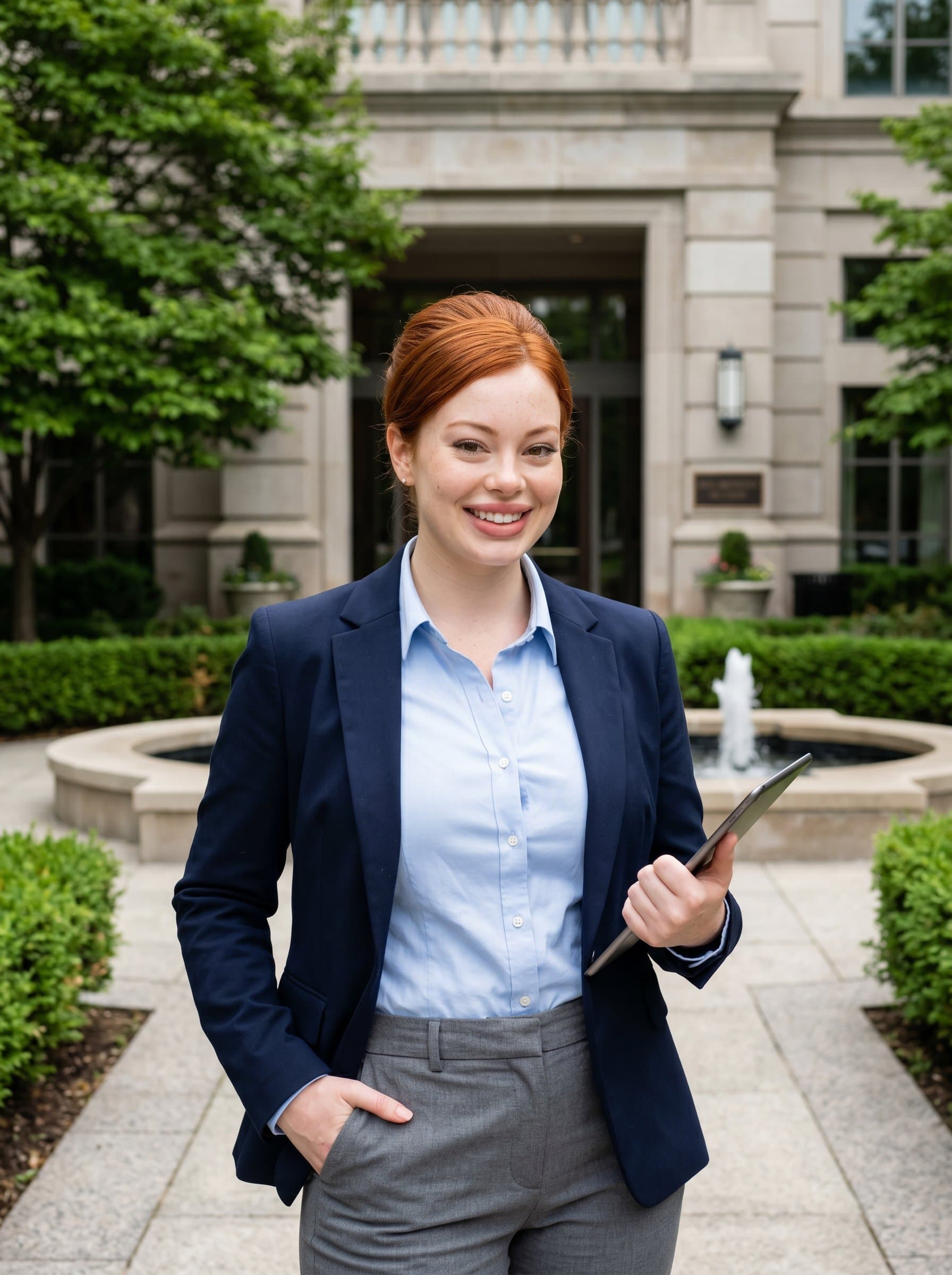 in a casual yet professional jacket, standing outside a stately office building. The natural setting and confident posture suggest accessibility and a grounded approach to professional services.