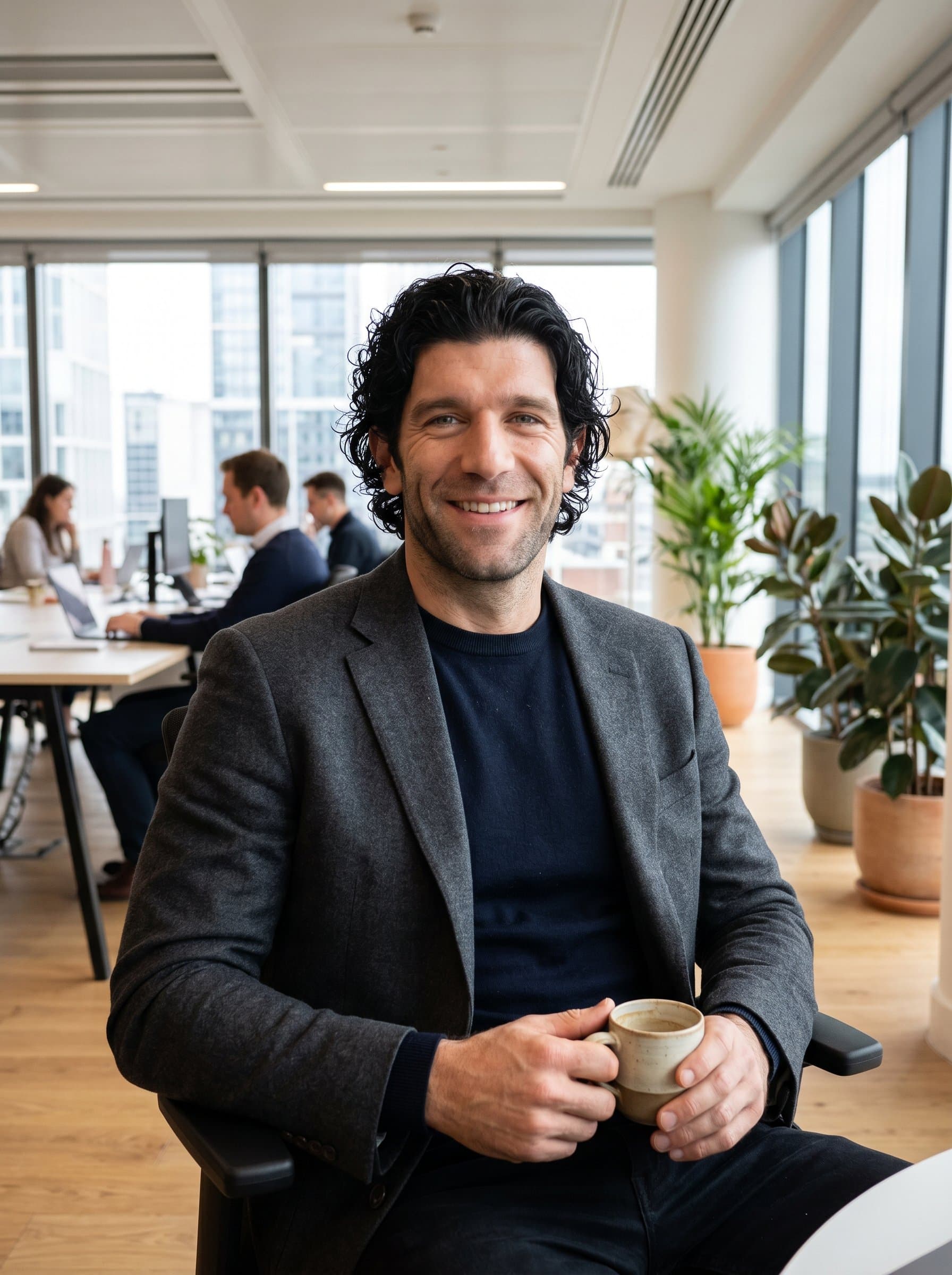 holding a cup of coffee, seated in a bright, open-space office. The relaxed pose and gentle smile convey warmth and a client-centered ethos, with an air of professional assurance.