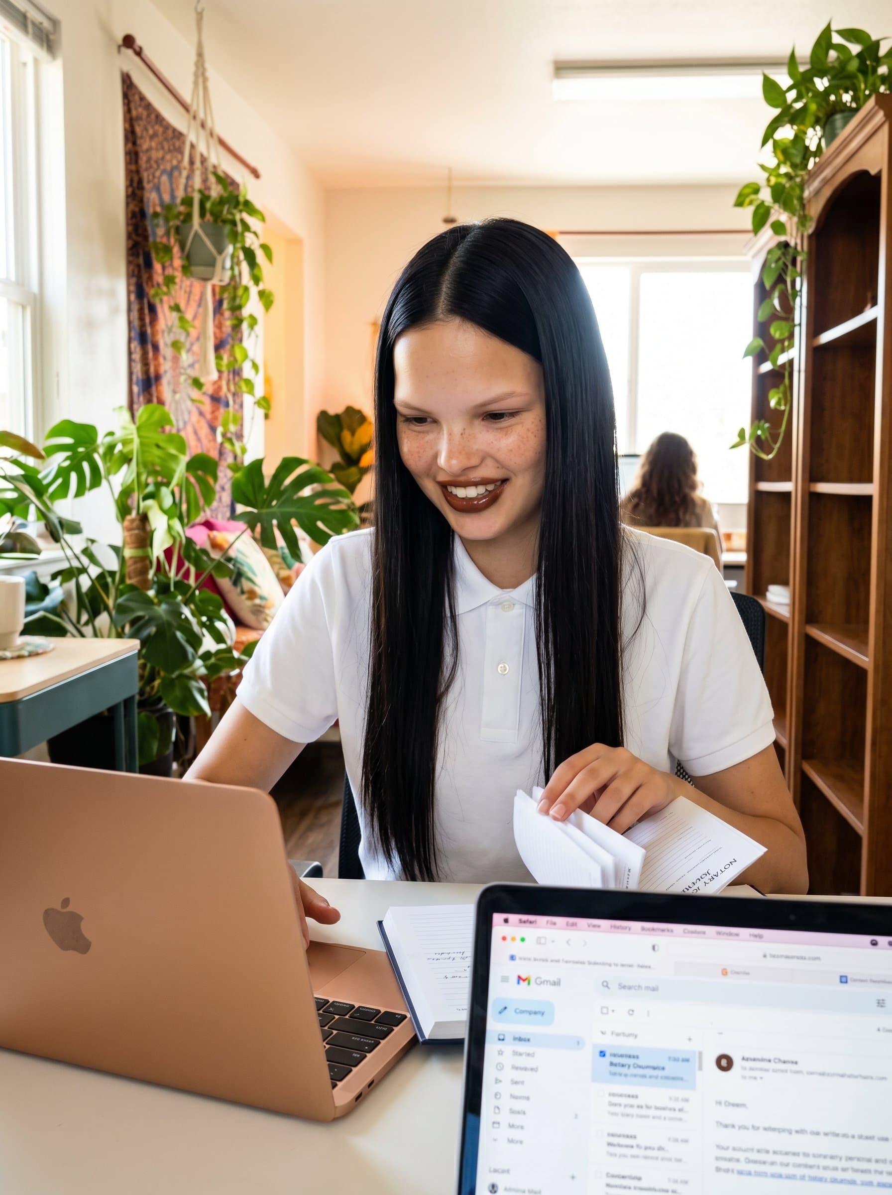 Dynamic with a laptop open in front of them, flipping through a notary journal. The expression is engaged, with office plants in the background adding a friendly, approachable vibe to professionalism.