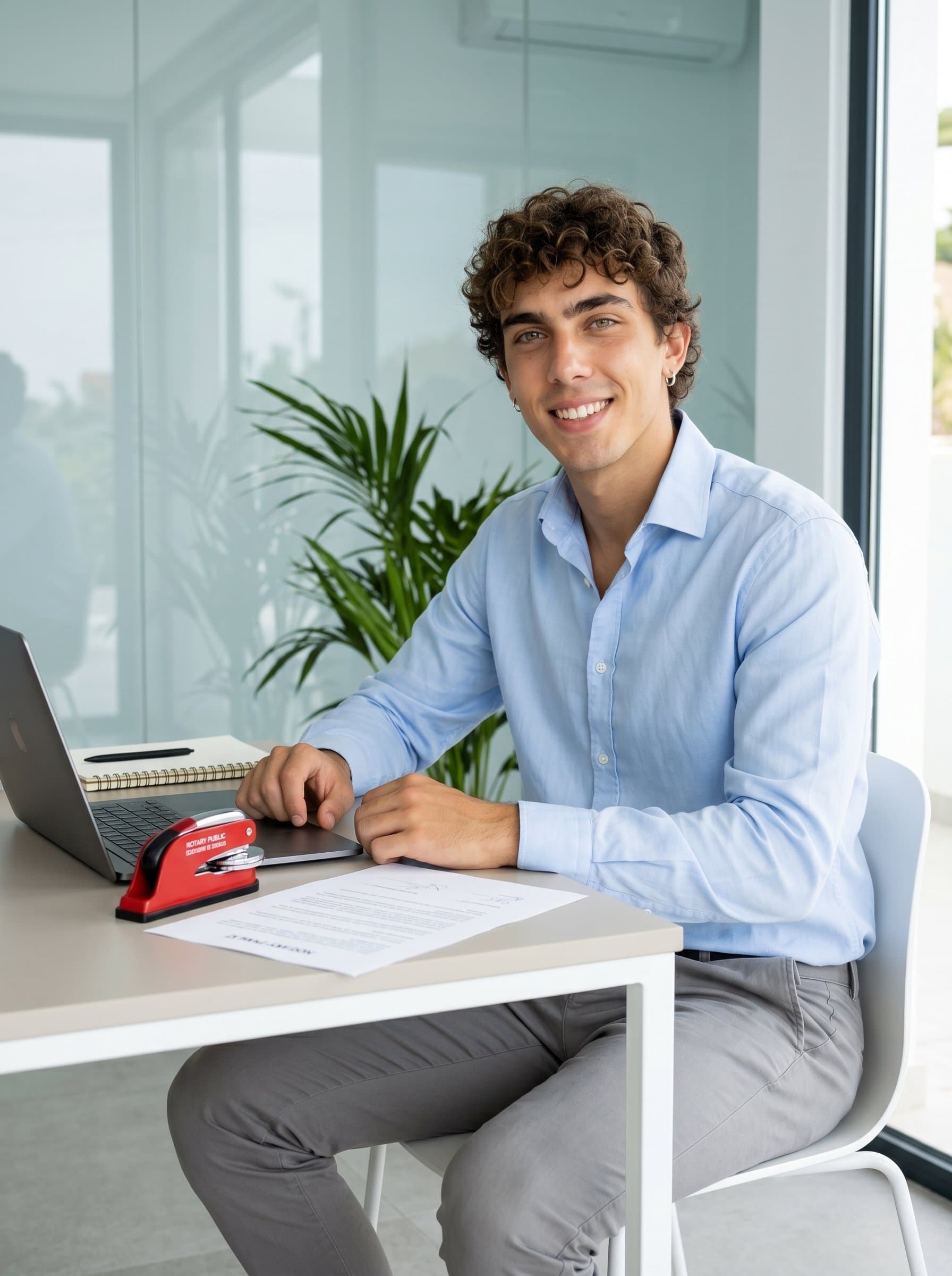 Modern in a minimalist office, with a visible notary seal. The attire is business casual, paired with a friendly smile, the environment bright and inviting, indicating a modern, customer-focused approach.