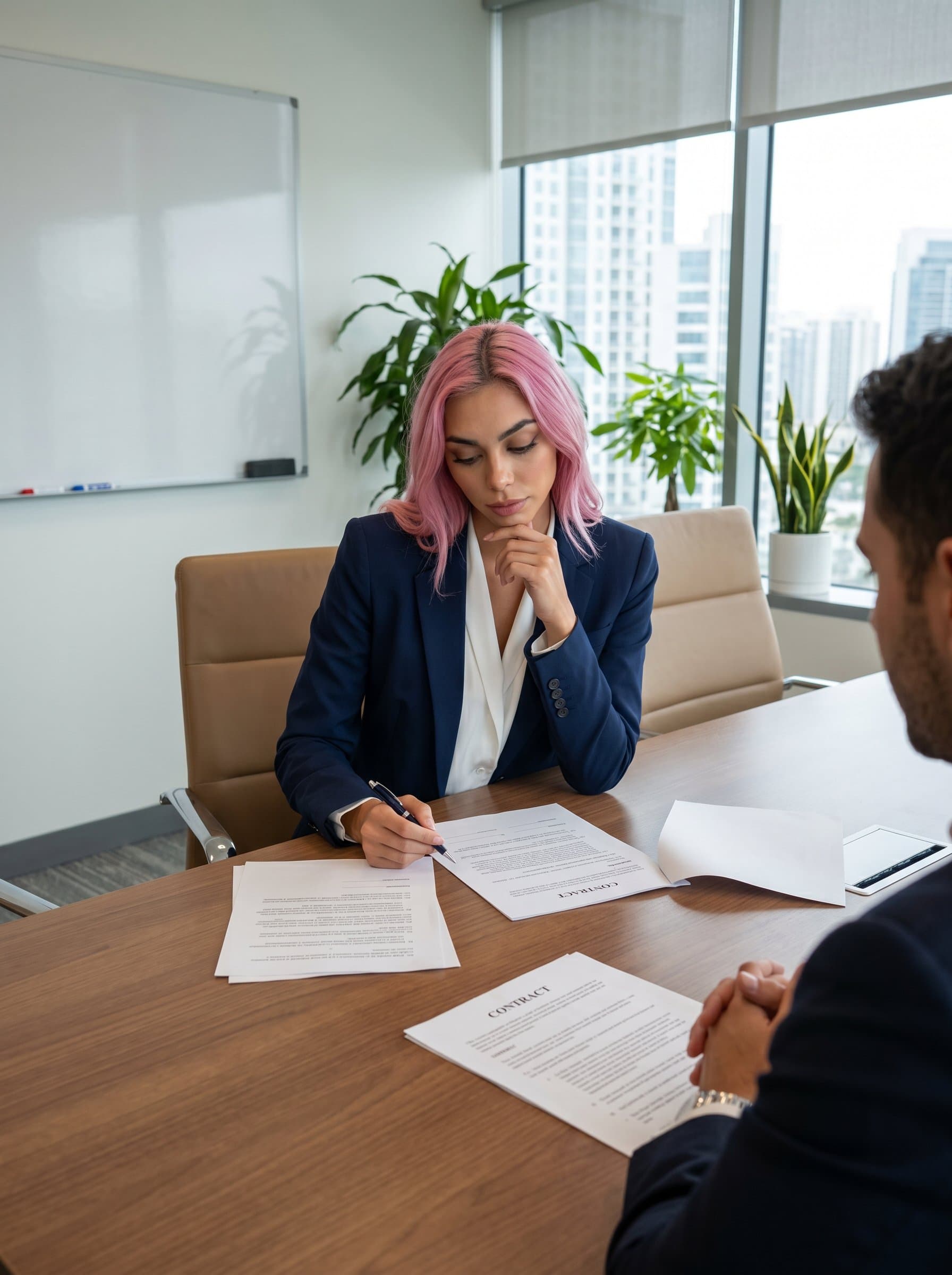 seated in a conference room, thoughtfully reviewing documents. Attire is formal, and expression is focused and contemplative. The setting conveys a high level of professionalism and attention to client needs.
