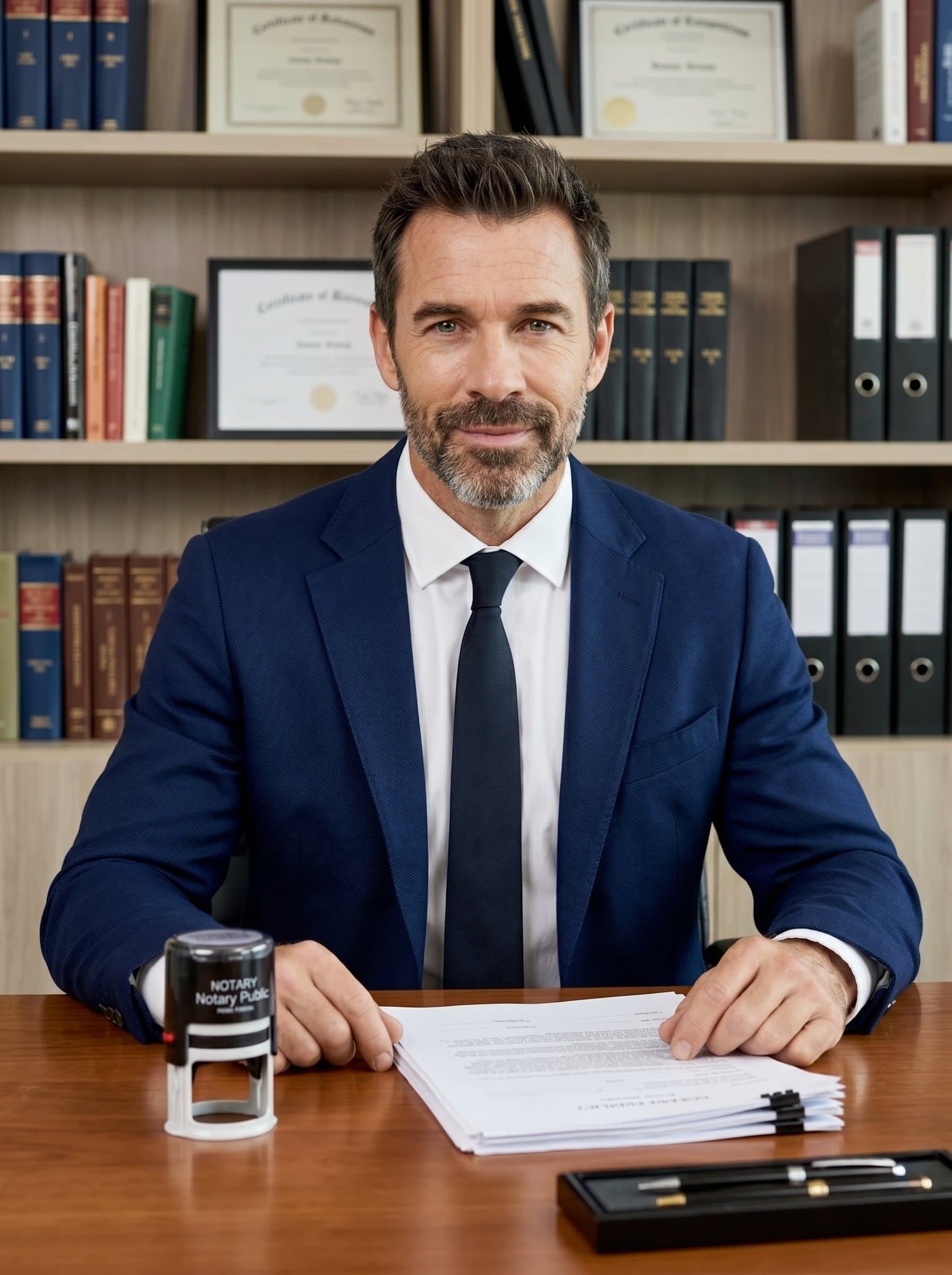 Professional seated at a desk with a notary stamp visible, wearing a sharp blazer. Background includes a tasteful bookshelf. The expression is serious yet approachable, exuding competence and dedication.