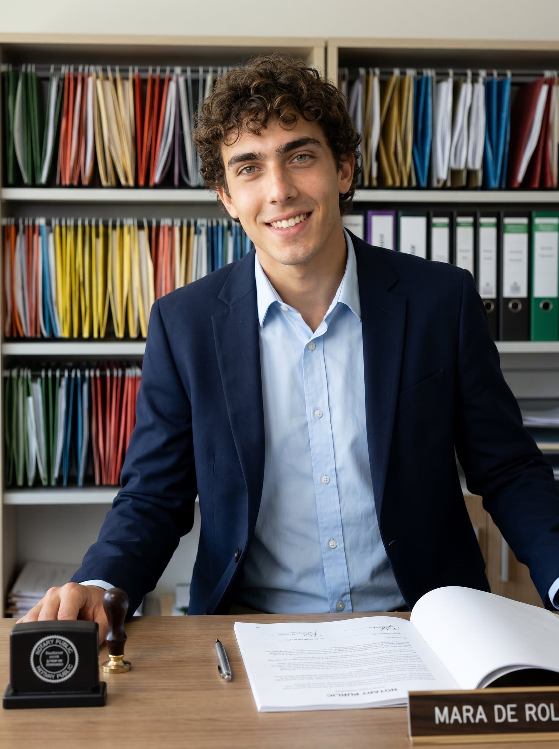 gently leaning on a desk, wearing a crisp formal shirt, with a backdrop of organized, colorful files. A warm smile and direct gaze convey openness and confidence in their notarial expertise.