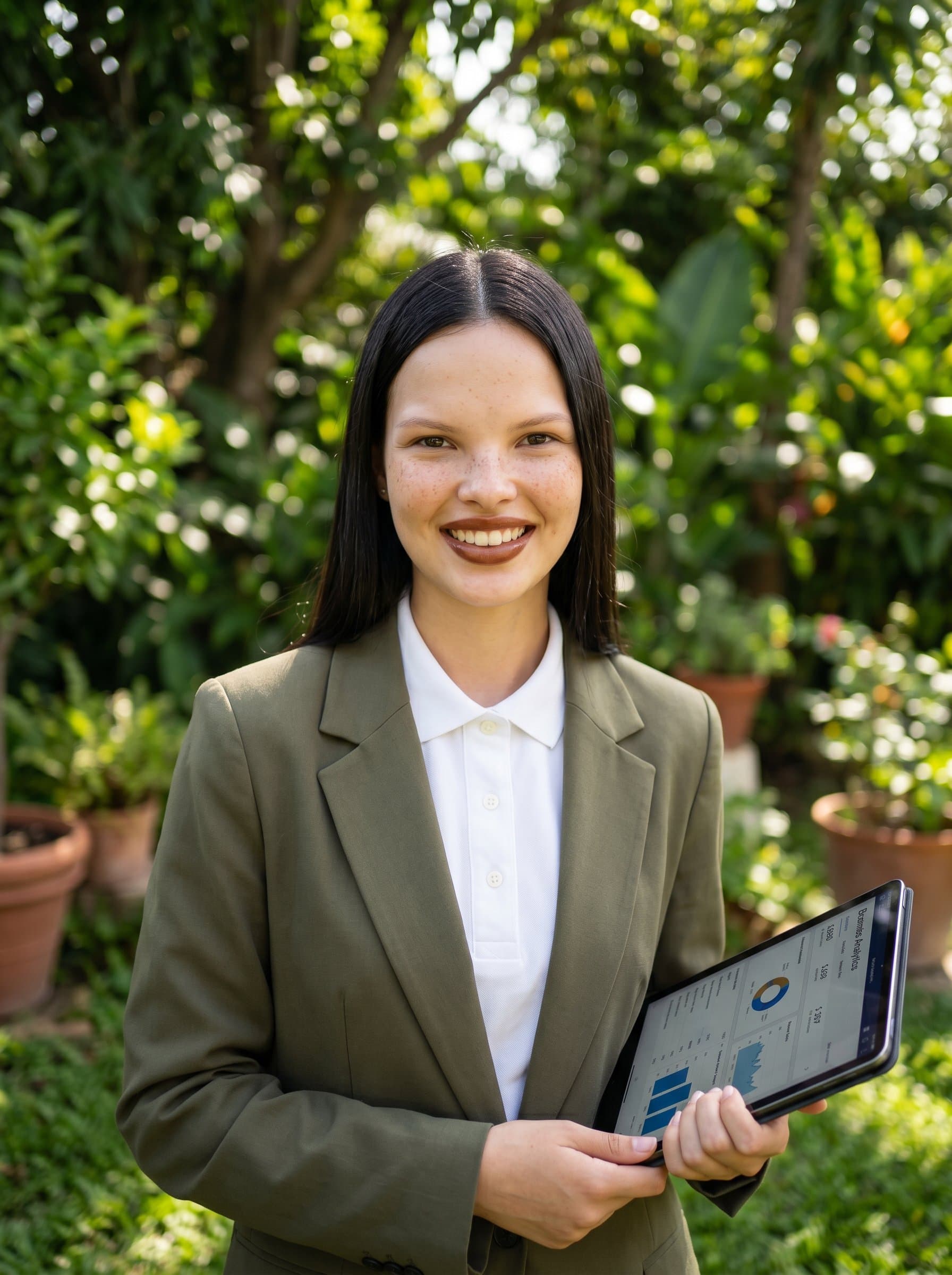 : An ambitious solopreneur with a friendly smile, dressed in business-casual attire. The clean green background symbolizes growth and the natural lighting enhances their energetic presence and forward-thinking mindset.