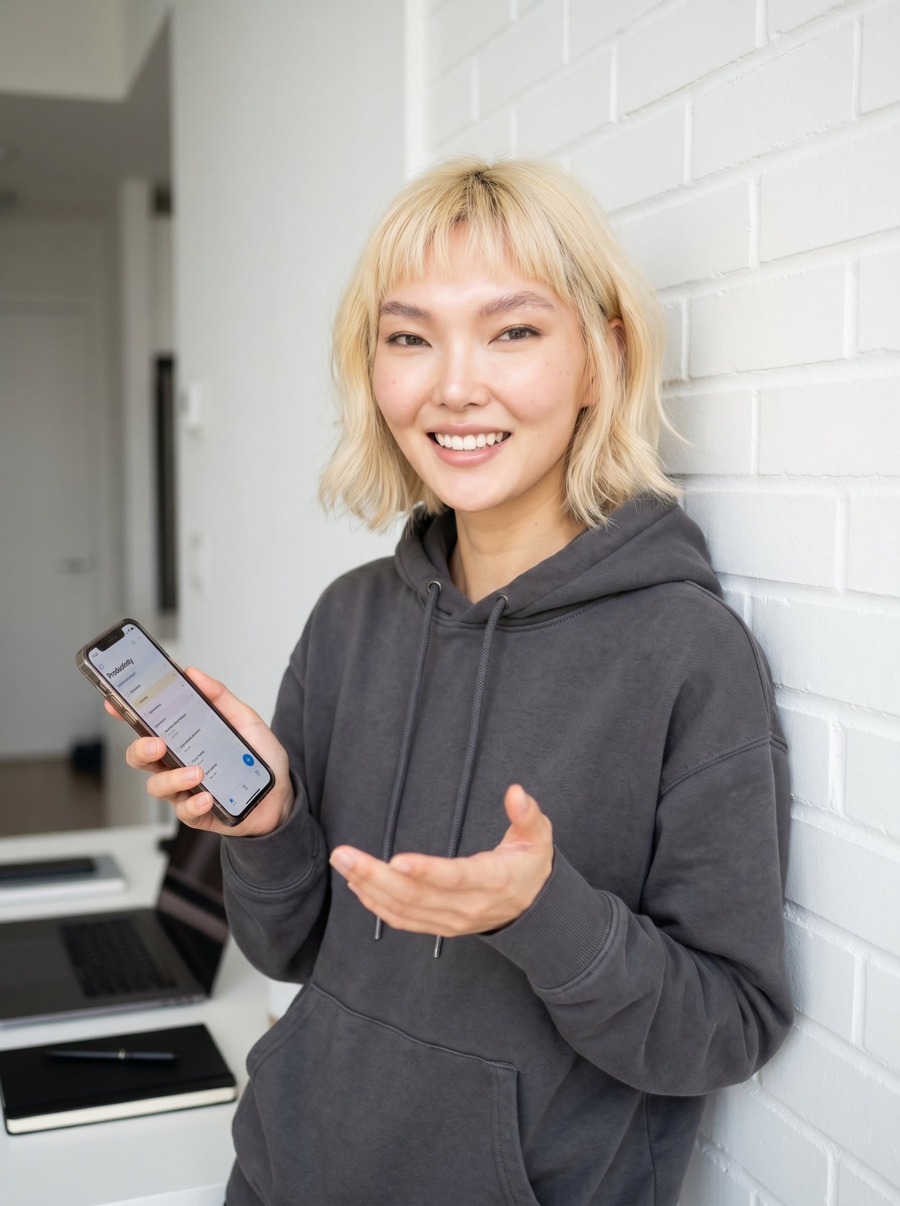 : A solopreneur with a tech-savvy vibe, sporting a casual hoodie. The modern white background and strategic lighting highlight their innovative approach and enthusiastic nature, inviting fresh ideas and conversations.