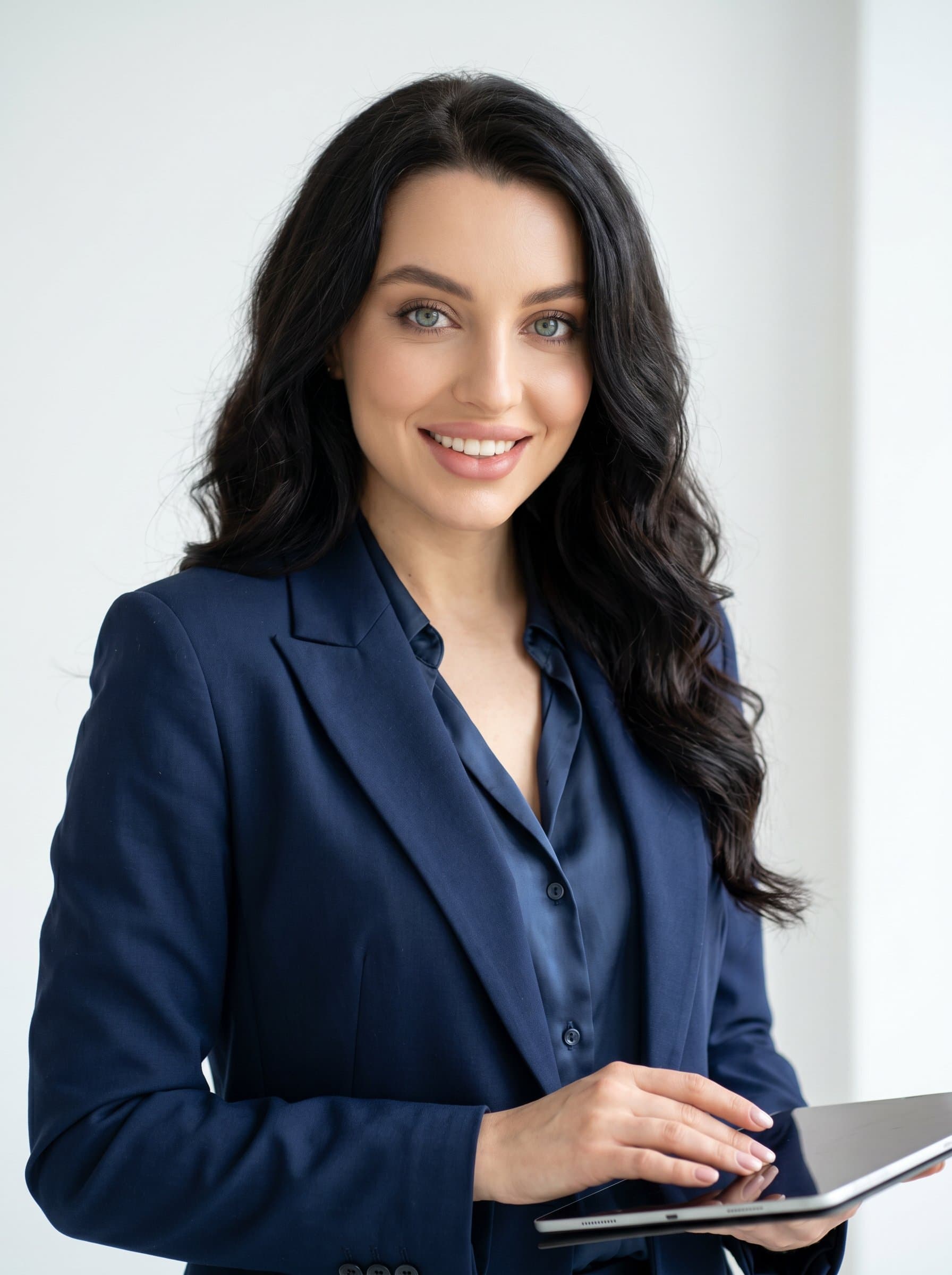 : A solopreneur in a sleek blazer, exuding confidence with a gentle smile. The background is a minimalist white, emphasizing clarity and focus. The natural lighting highlights their engaging eyes, showcasing warmth and approachability.