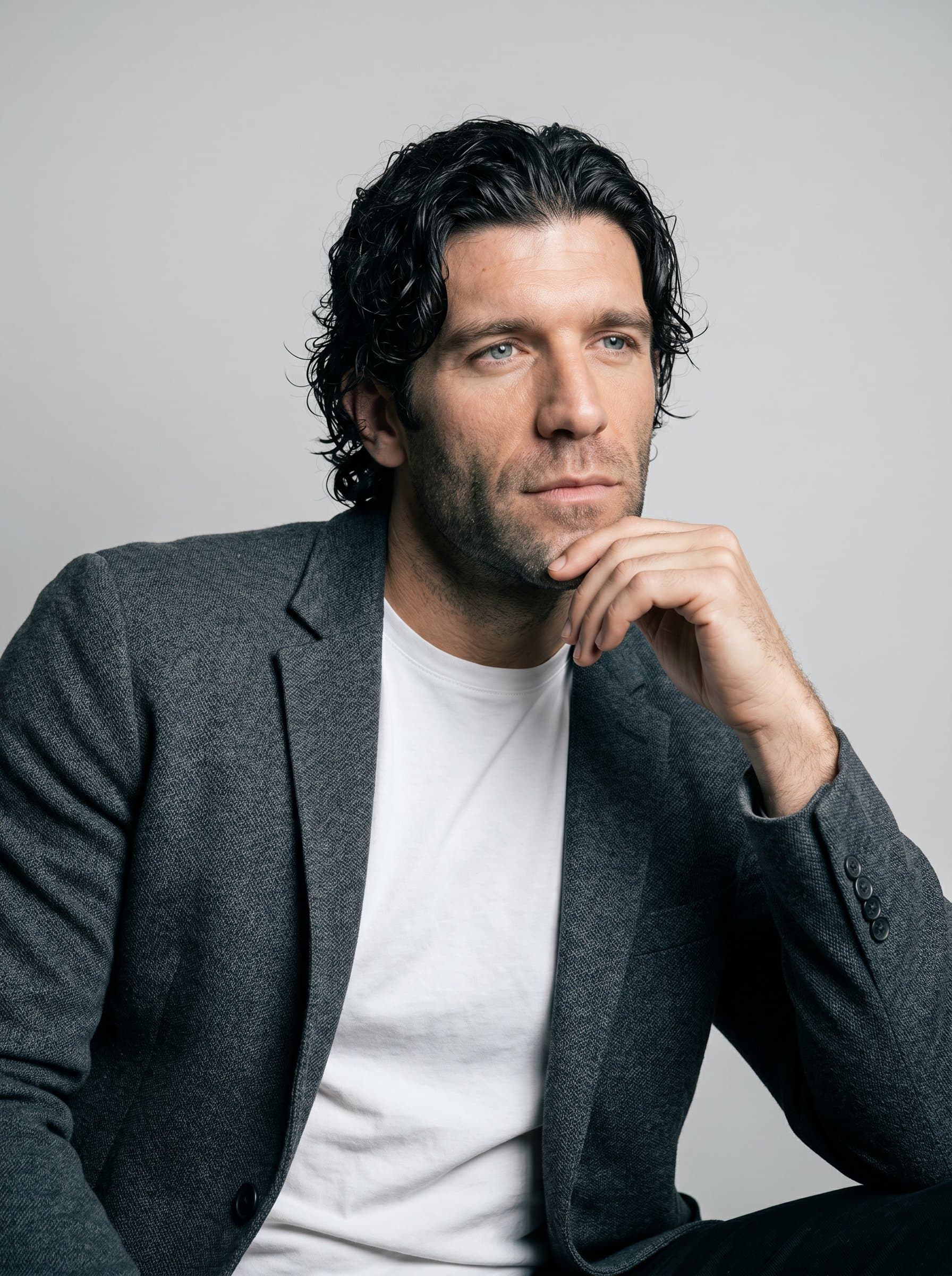 : Capturing a solopreneur's innovative spirit, with a relaxed posture and a thoughtful gaze. The clean gray background and soft lighting create a professional yet inviting atmosphere, inviting collaboration and creativity.