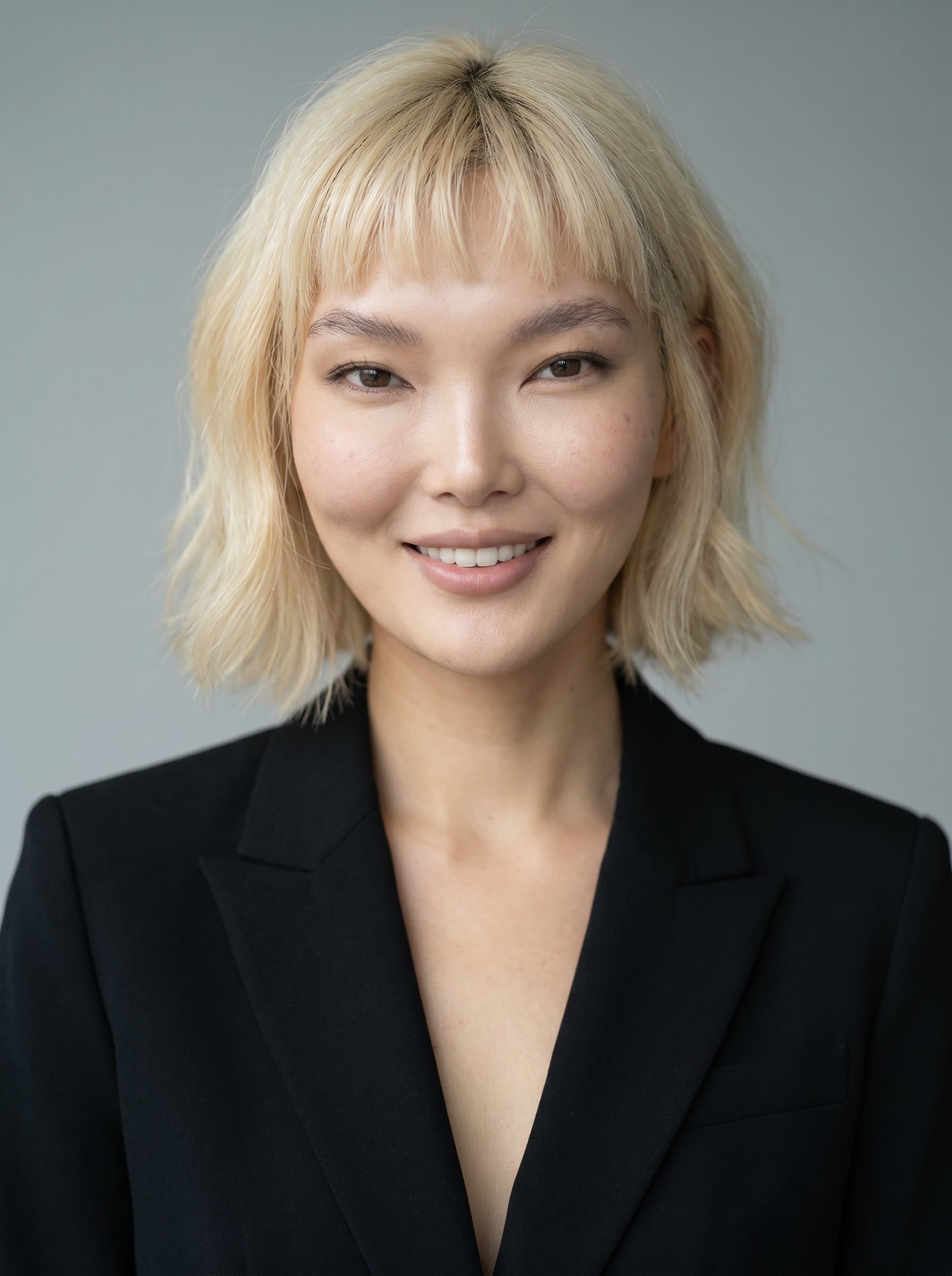 : Picture a solopreneur with elegant posture, showcasing a serene smile. The soft gray background and diffused lighting reflect their professionalism and the trustworthiness they bring to their ventures.