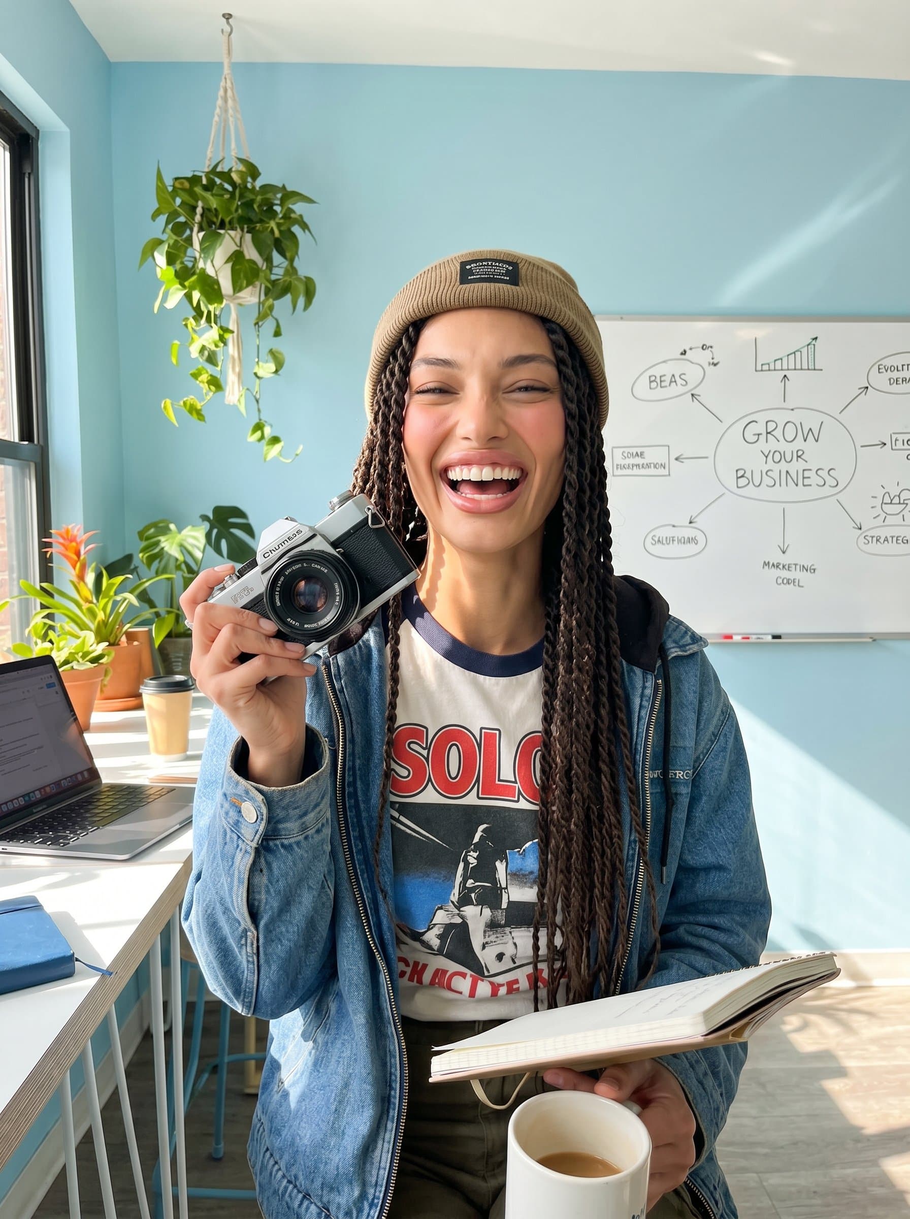 : Encapsulate a solopreneur's vibrant energy, with a playful expression and informal attire. The light blue background and natural light evoke a sense of innovation and a zest for entrepreneurship.