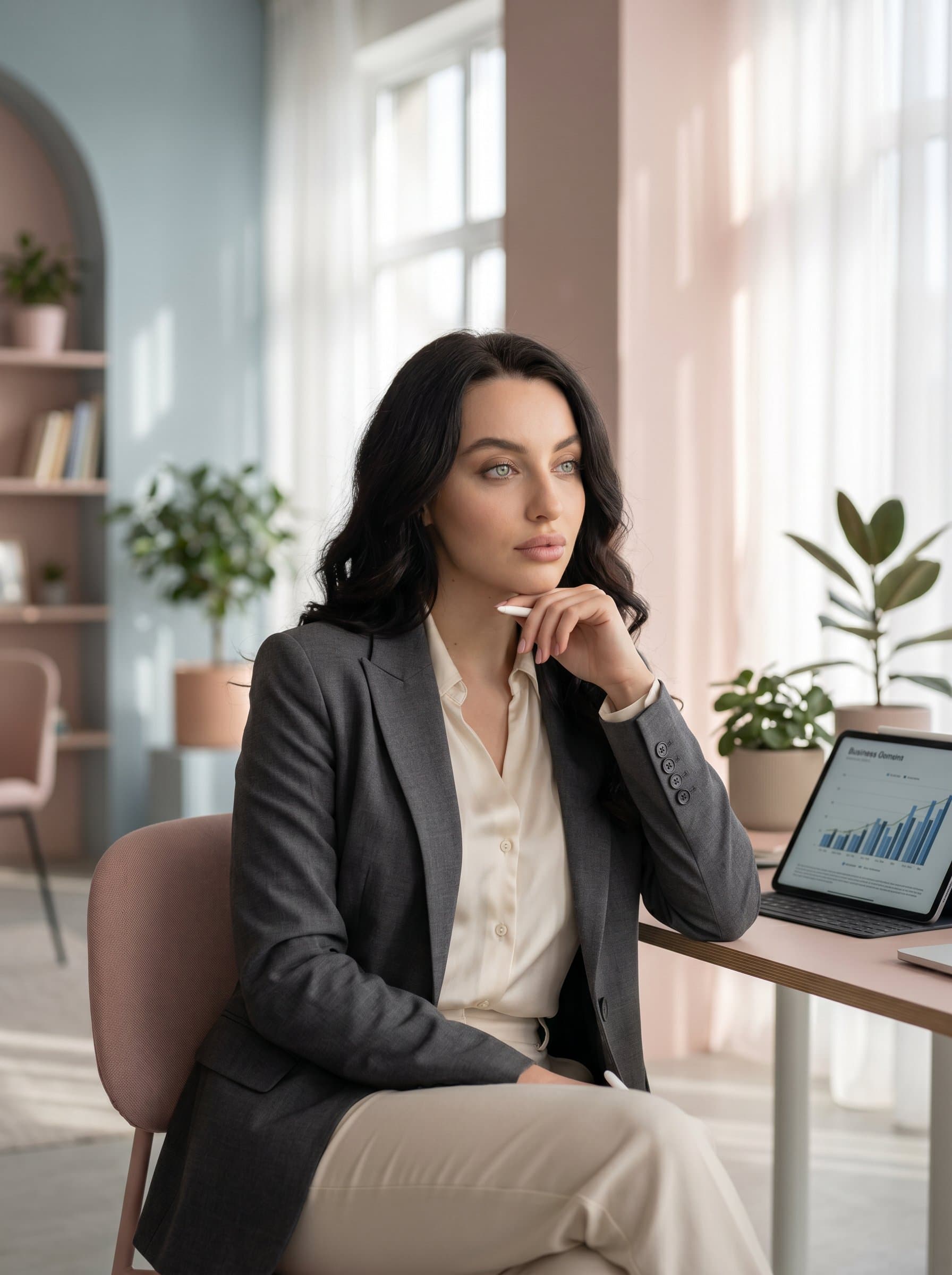 : A solopreneur with a reflective expression, wearing a neatly tailored outfit. The soft pastel background and delicate lighting convey their thoughtful personality and the strategic insight they bring to their field.