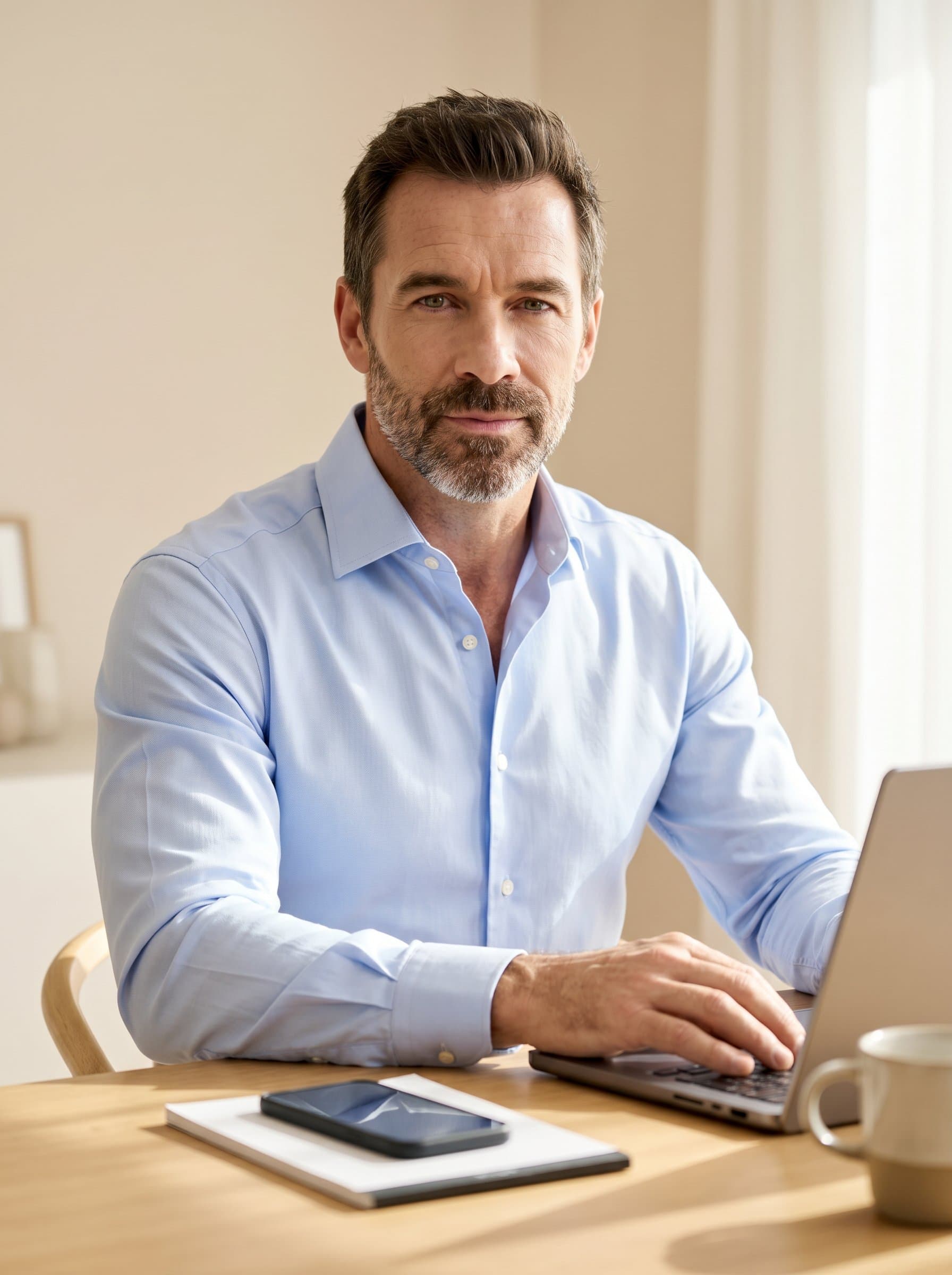 : Showcasing a solopreneur's determination, dressed in a crisp shirt. The soft beige background and gentle lighting create a serene and open environment, reflecting their calm and steady approach to business.