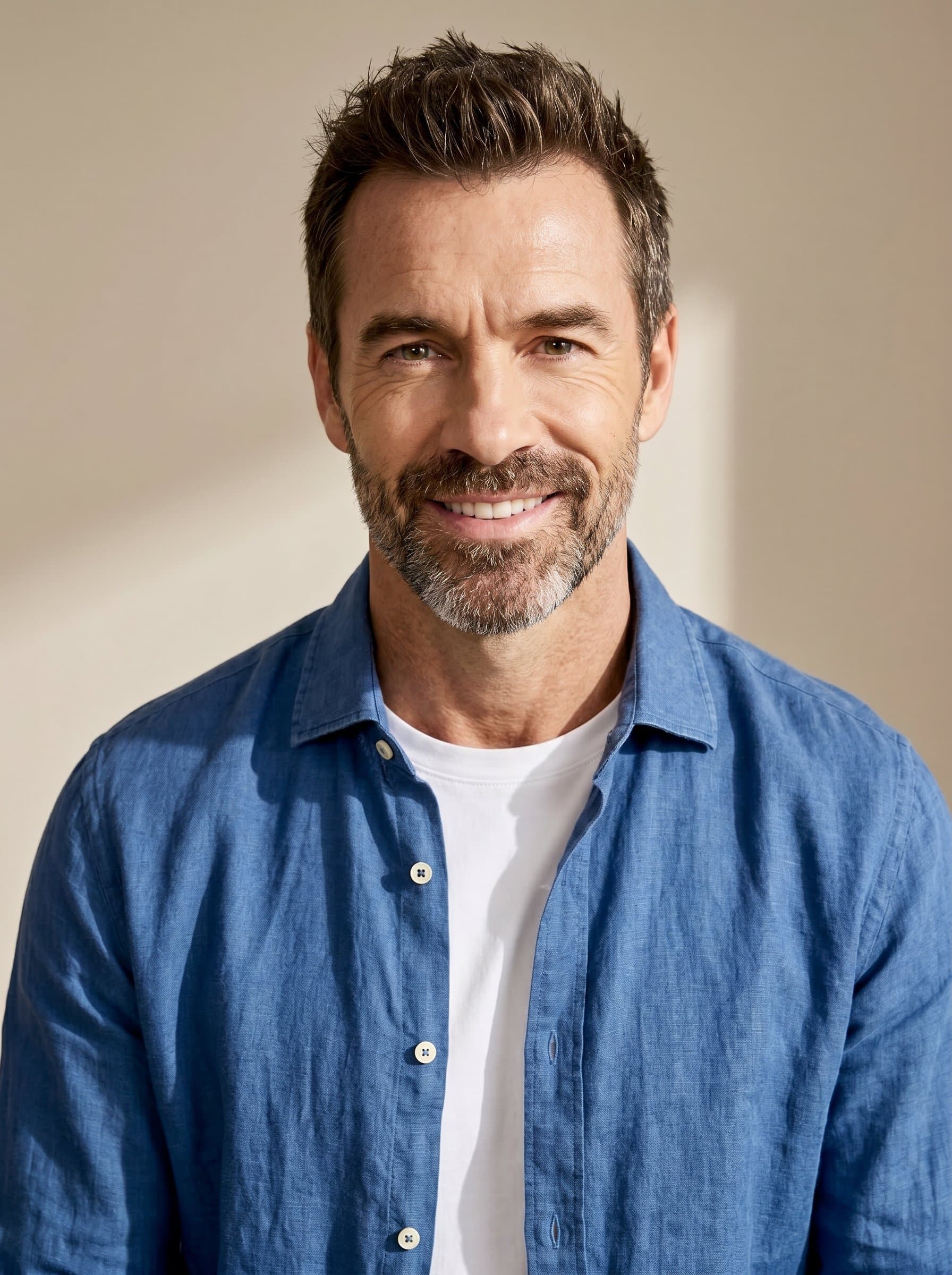 : A solopreneur with a relaxed demeanor, wearing a casual button-up shirt. The minimalistic beige background and subtle lighting create an approachable and open appearance, inviting new connections and opportunities.