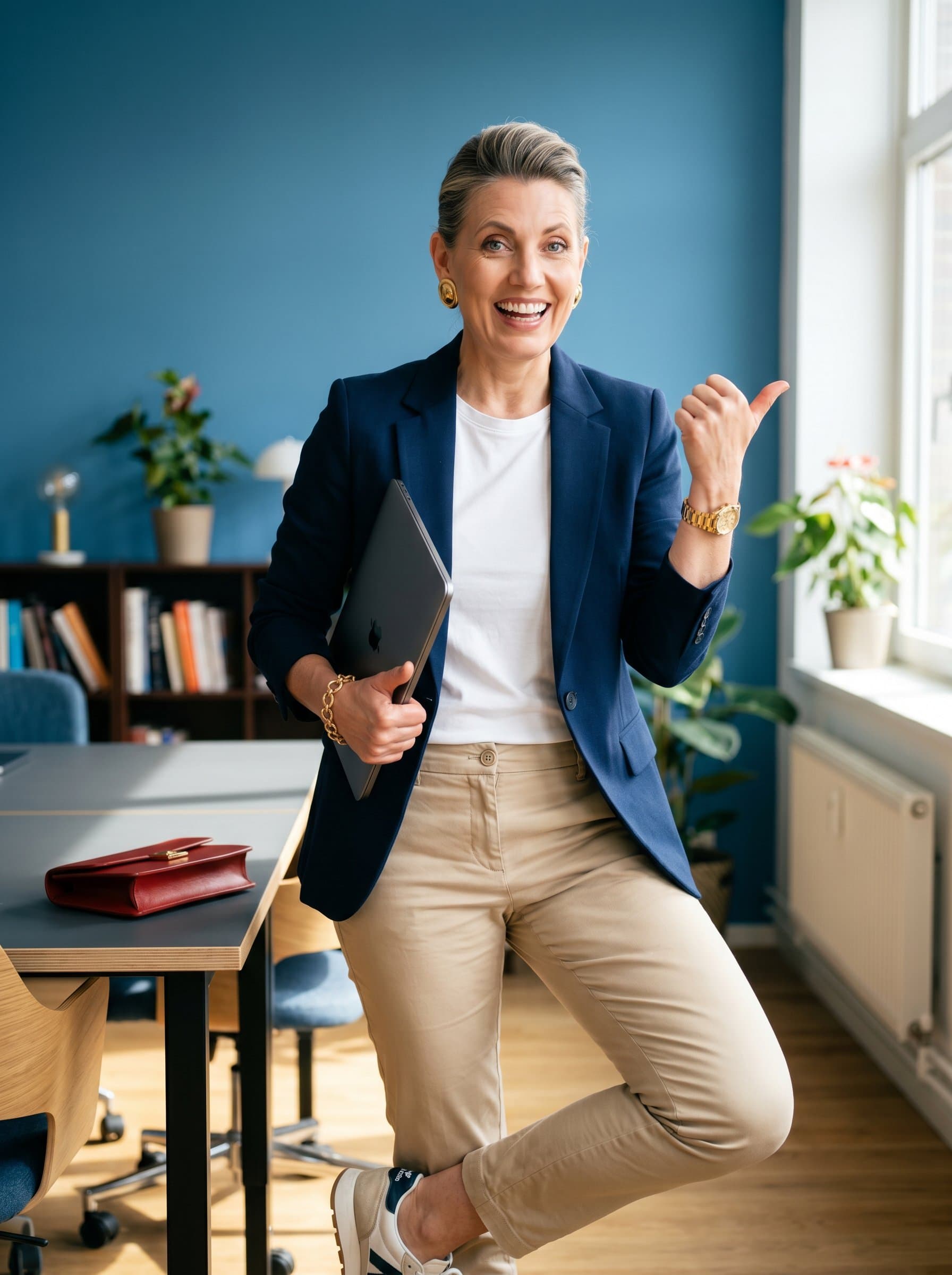 : A dynamic solopreneur with an expressive face, wearing a smart-casual outfit. The smooth blue background adds depth, while the natural light accentuates their vibrant personality and readiness for new challenges.