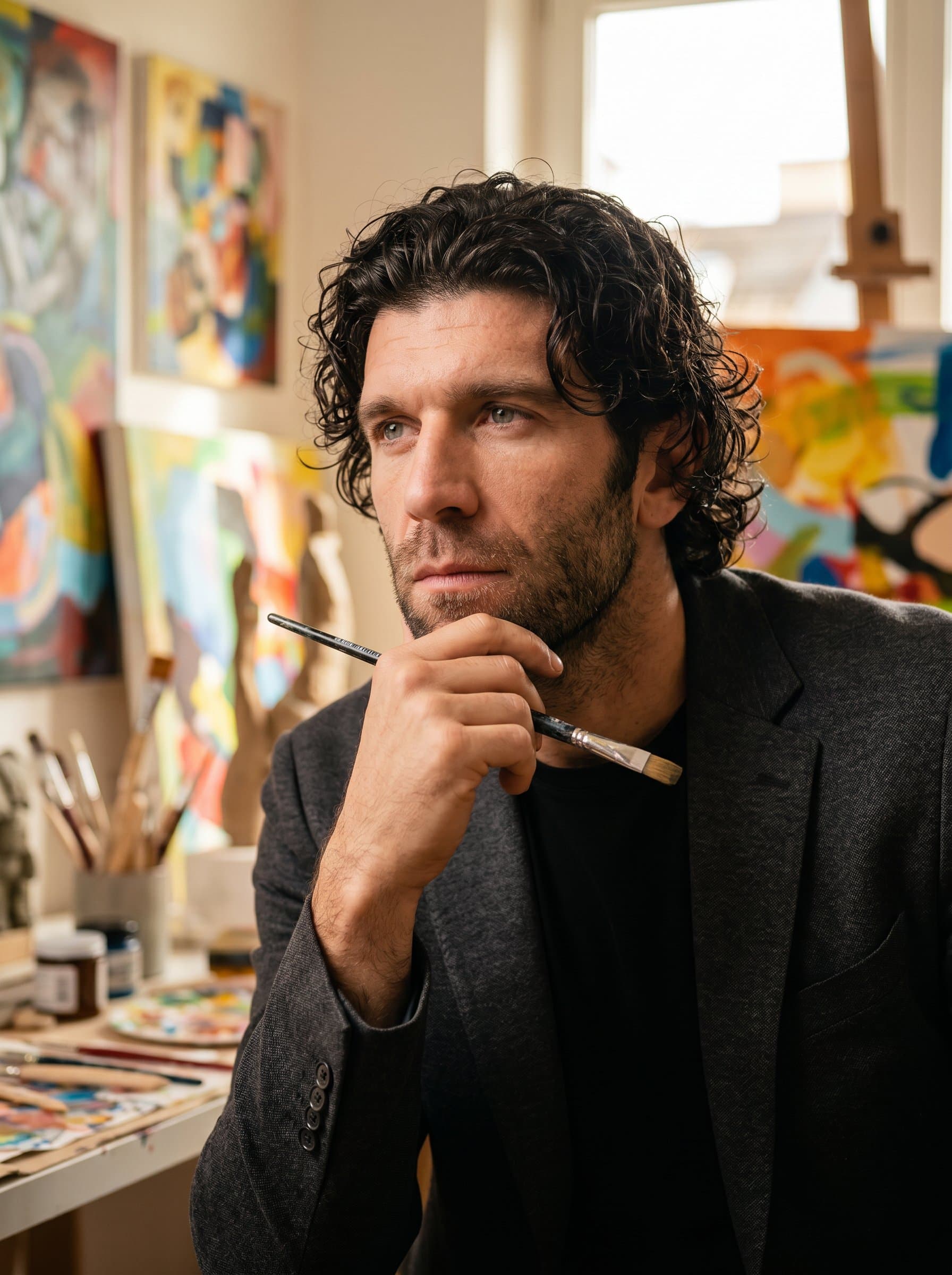 : Highlighting a solopreneur's artistic flair, with a slightly tilted head and a thoughtful expression. The warm, neutral background and soft light emphasize their creativity and passion for their craft.