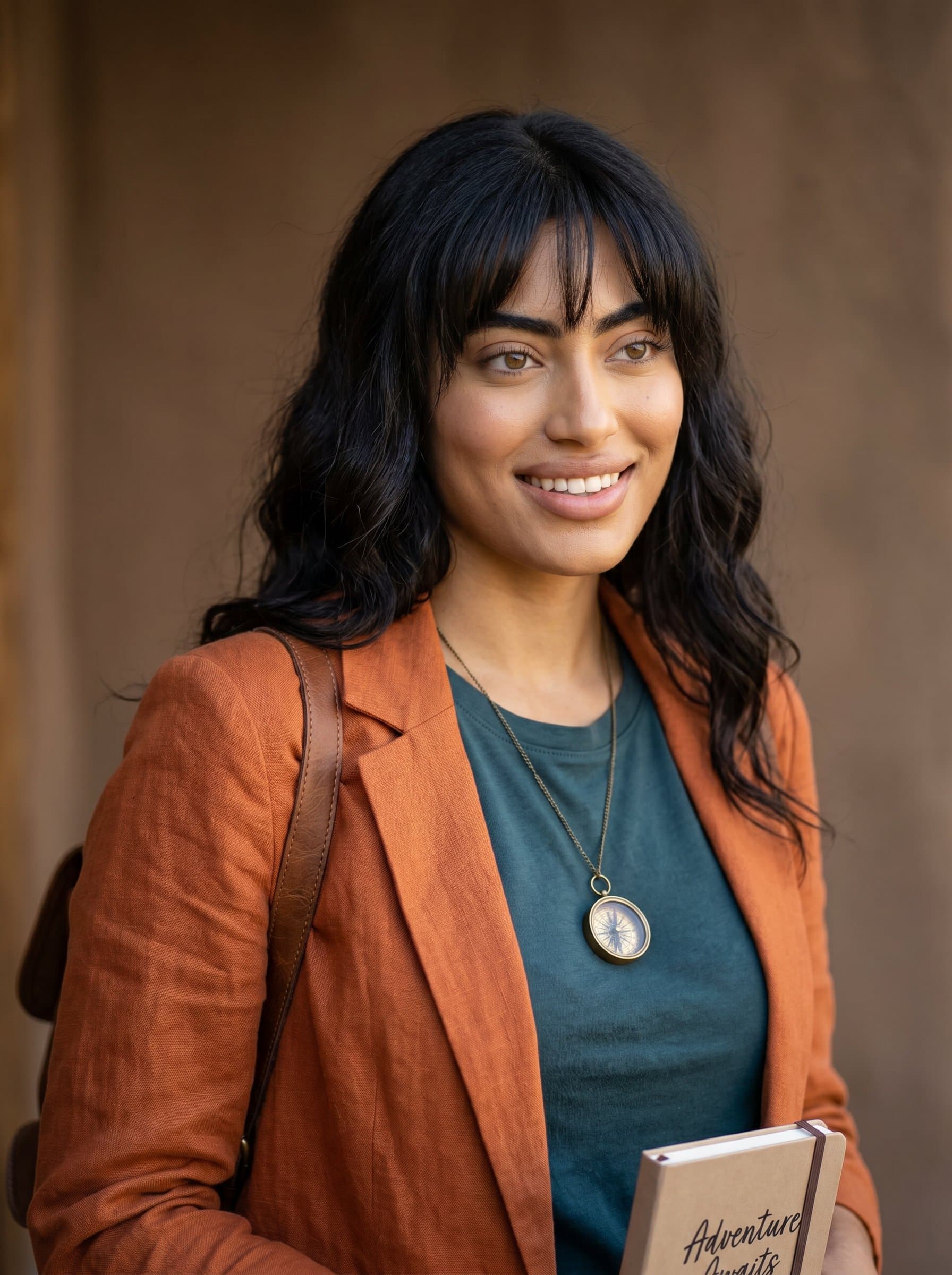 : Highlight a solopreneur’s adventurous spirit, with a head slightly tilted and a curious gaze. The muted brown background and soft lighting highlight their openness to new ideas and friendly nature.