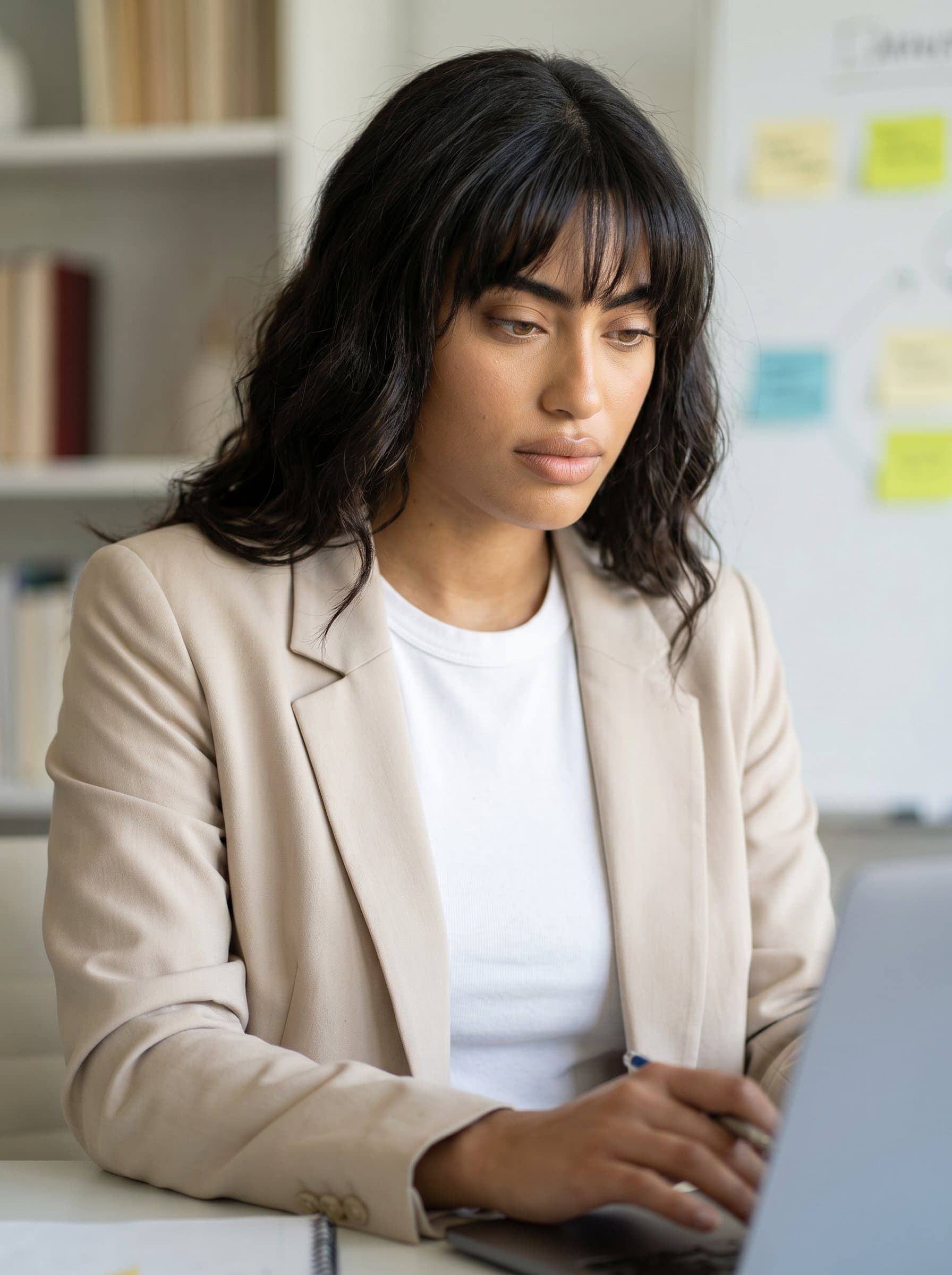 : Illustrate a solopreneur's strategic mindset, with a focused look and simple attire. The neutral backdrop and subtle lighting reinforce their analytical approach and commitment to achieving excellence.