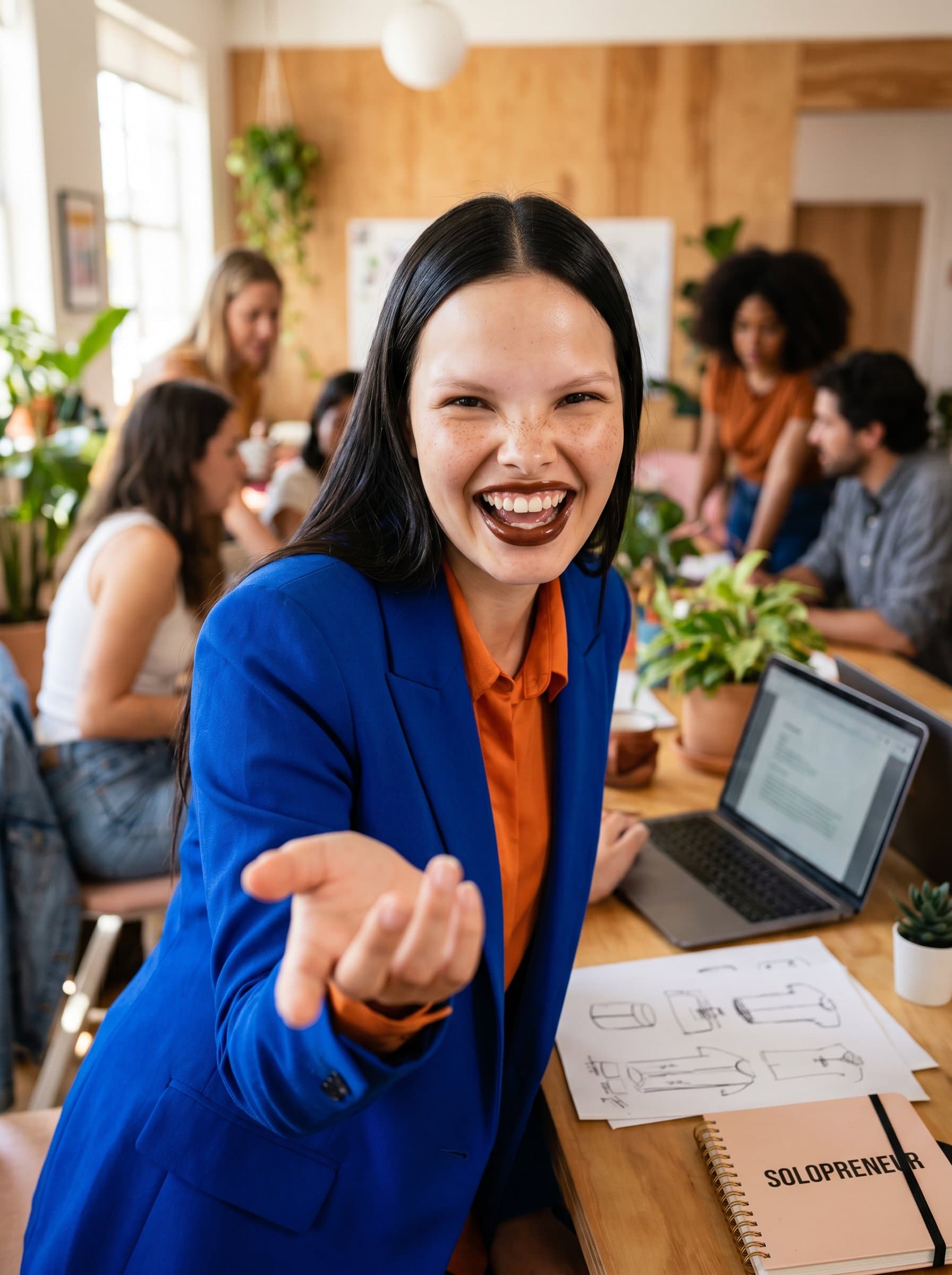 : Depict a solopreneur's energetic essence, with an inviting gesture and bright attire. The warm-toned background and natural light create a dynamic and engaging visual narrative of their entrepreneurial journey.