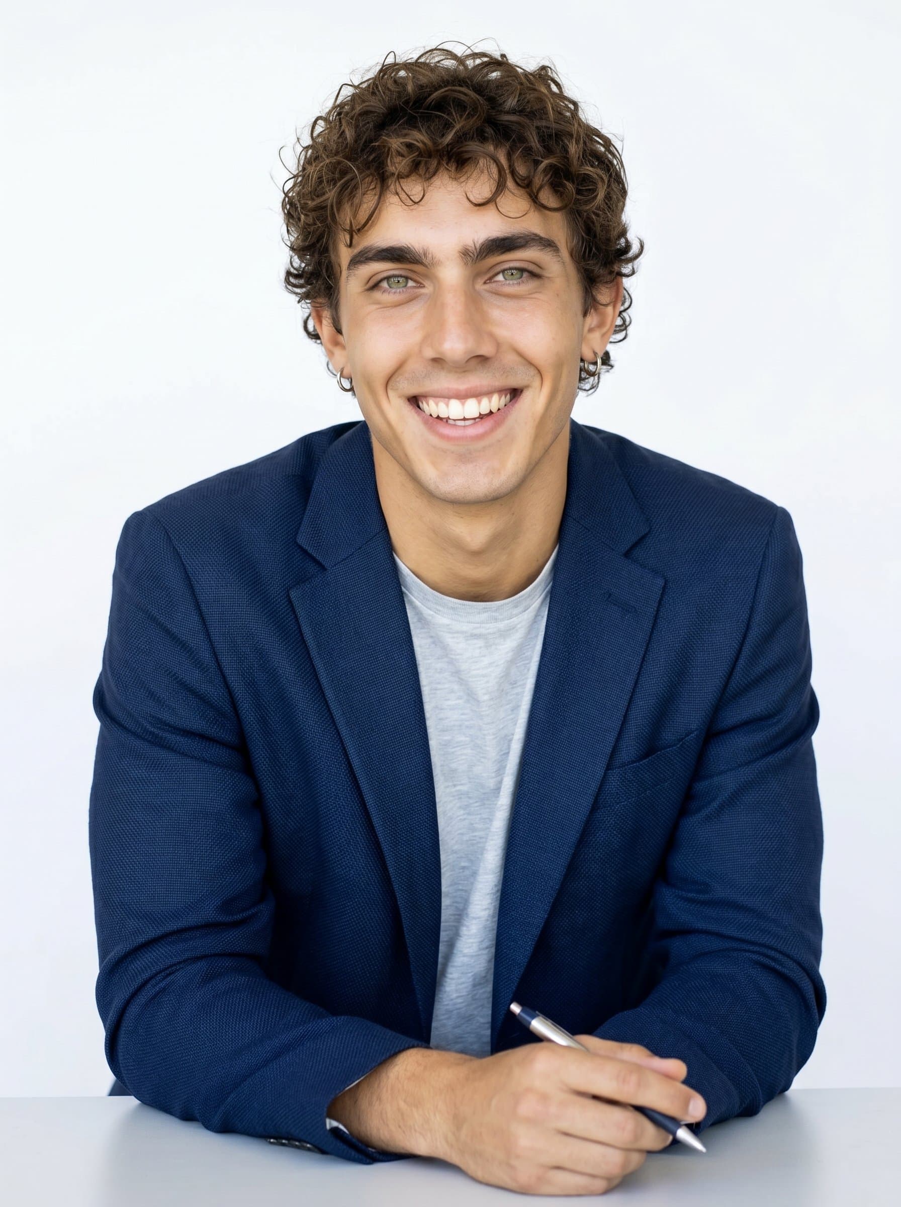 : A solopreneur with a welcoming smile and informal jacket, set against a clean white background. The natural lighting captures their approachable nature and willingness to engage in meaningful, professional dialogues.