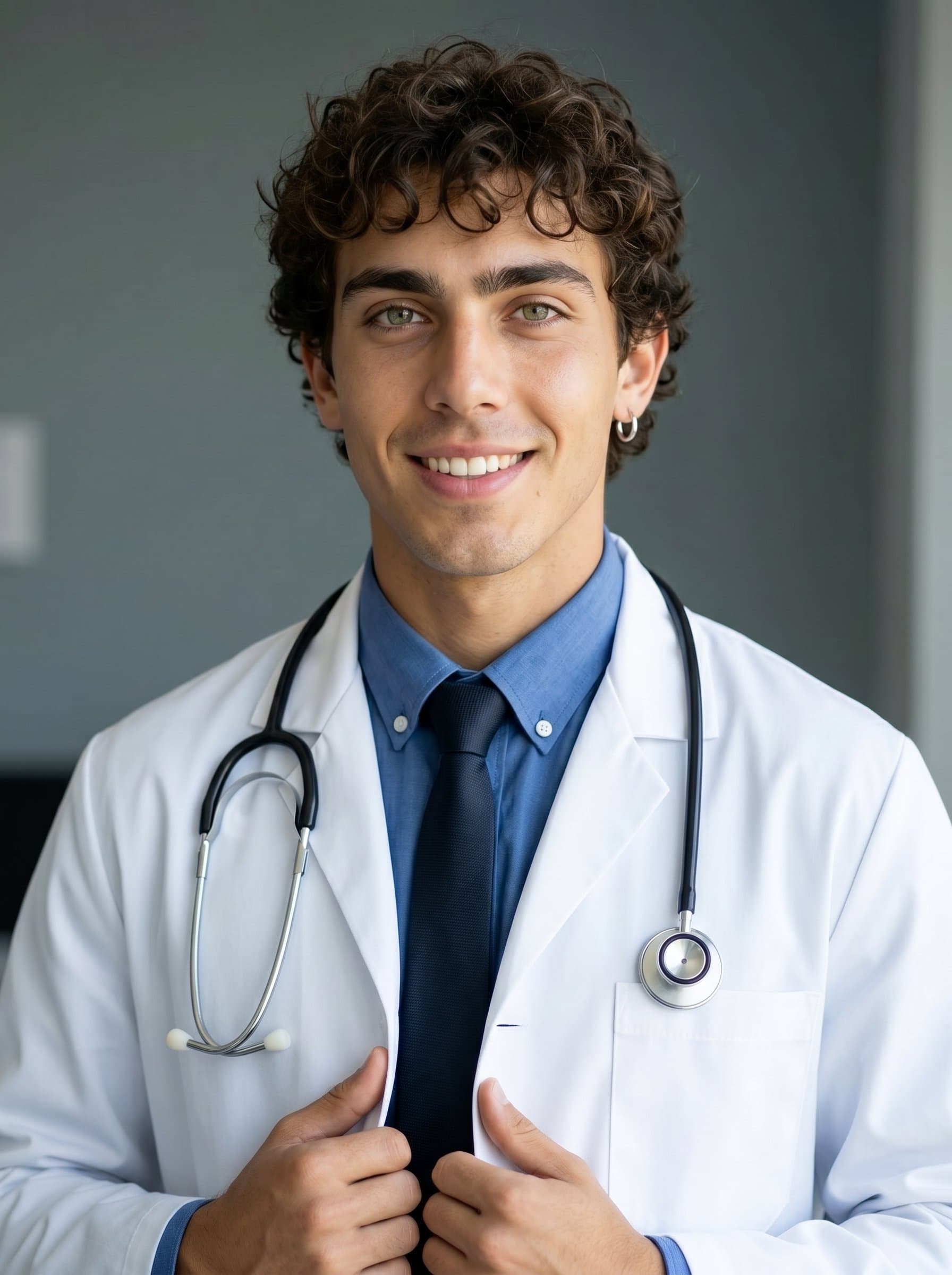 Design a photorealistic headshot featuring a medical resident, in a pristine white coat. Use a neutral, muted background to highlight their confident pose and trustworthy demeanor. Ideal for a professional profile picture.
