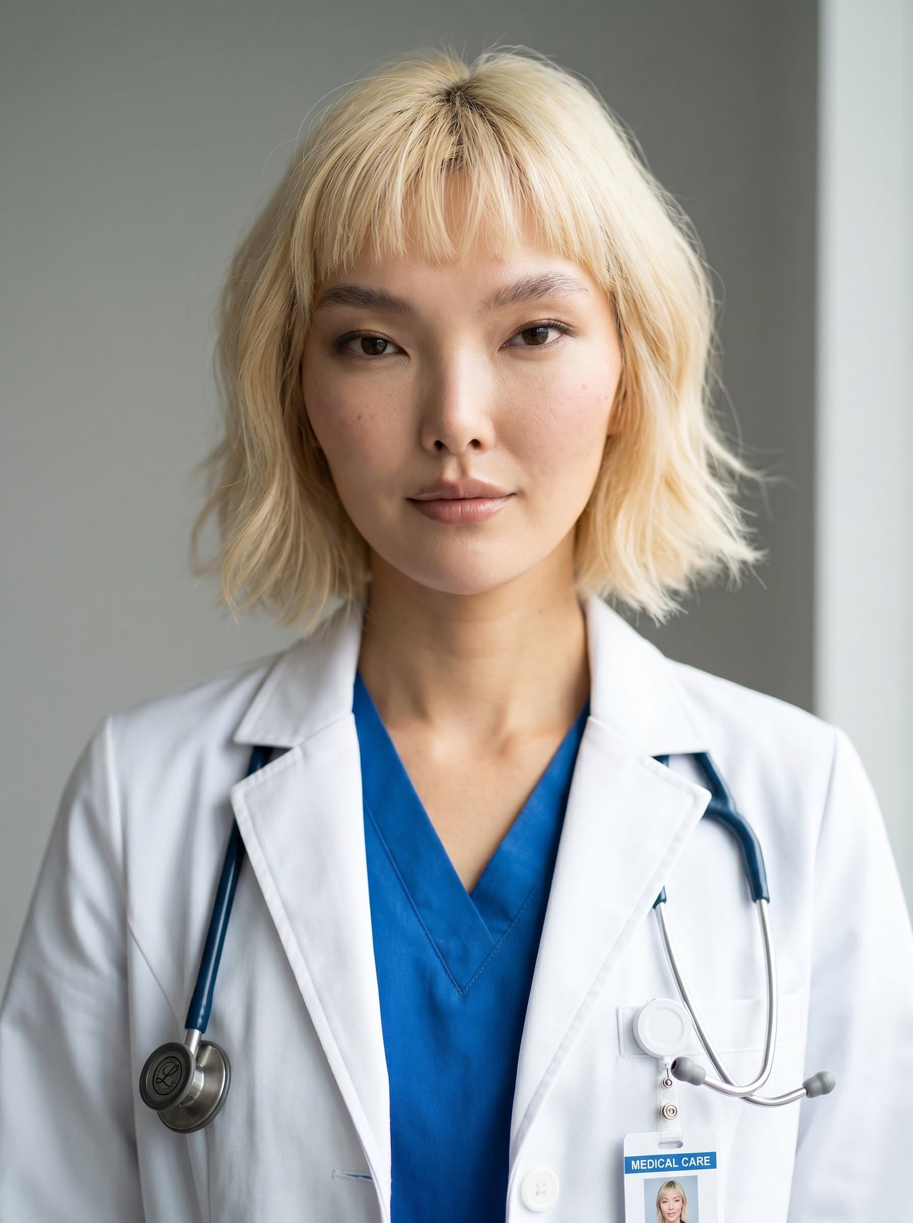 Generate a photorealistic headshot of a medical resident, with a professional expression. The white coat and neutral background enhance their approachable and diligent appearance, perfect for career settings.