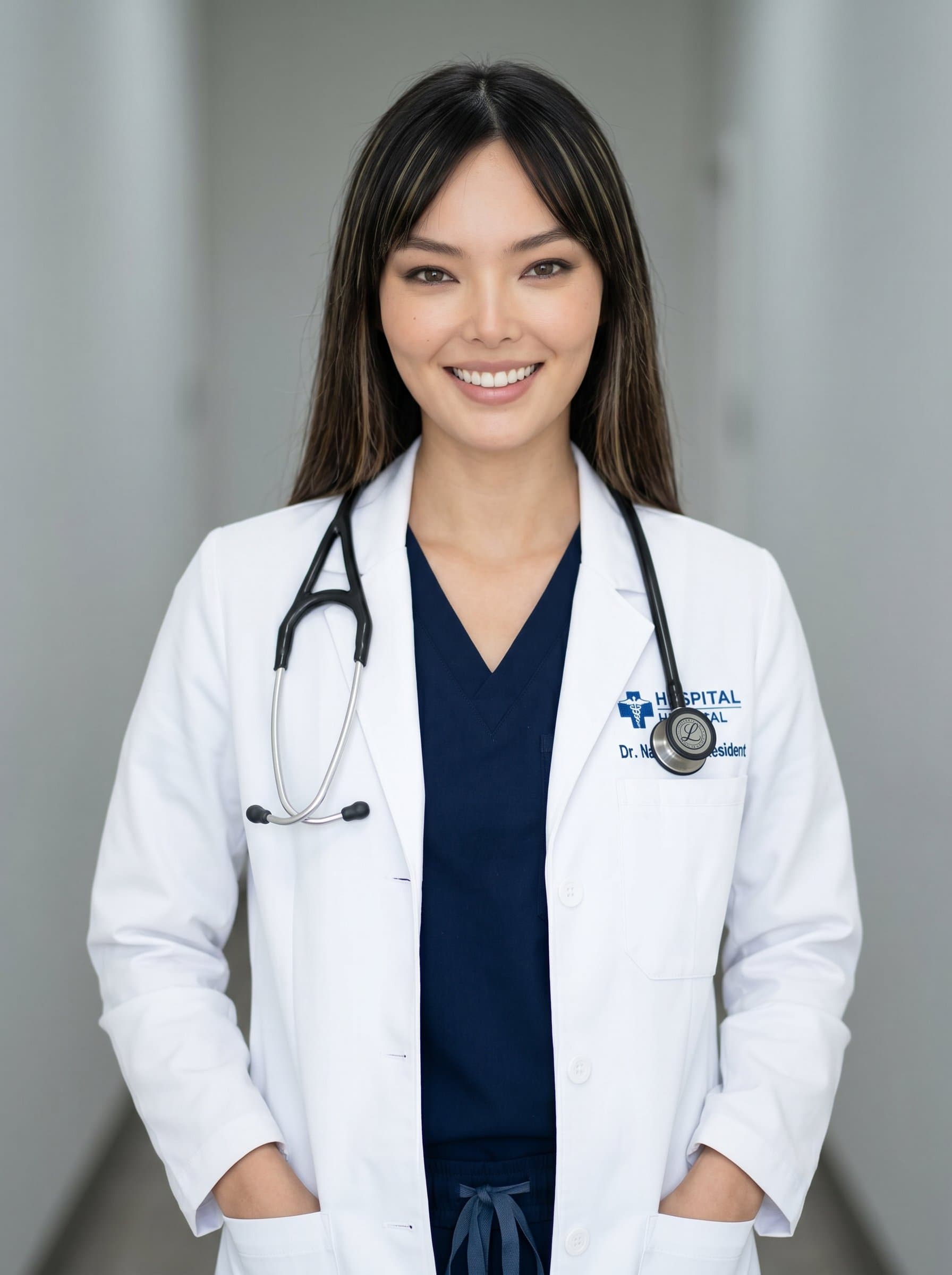 Generate a photorealistic image of a medical resident, with a friendly, confident expression. The white coat signifies their medical expertise, set against a neutral backdrop to focus on their professional image.