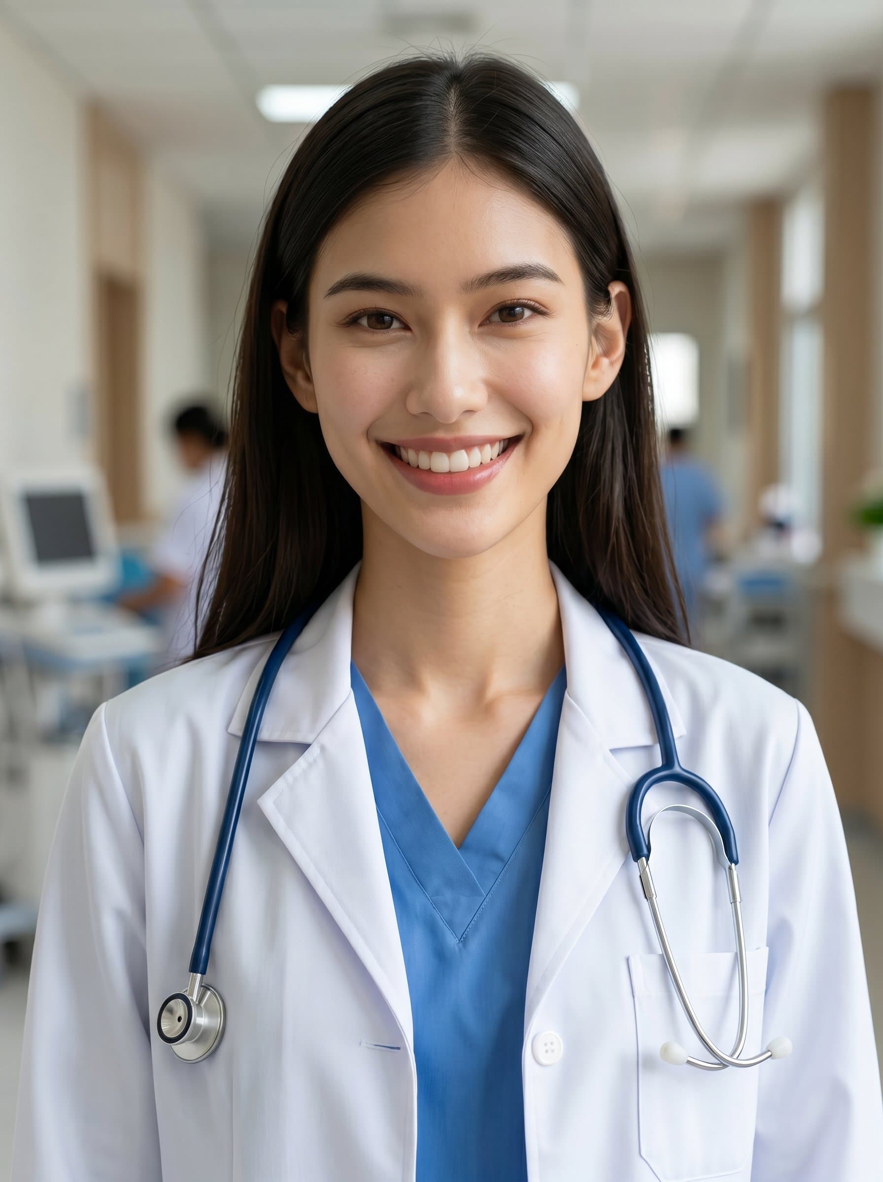 Create a photorealistic AI headshot of a medical resident, wearing a neatly pressed white coat. The backdrop is softly blurred to emphasize professionalism and approachability. Ensure the expression conveys confidence and warmth.