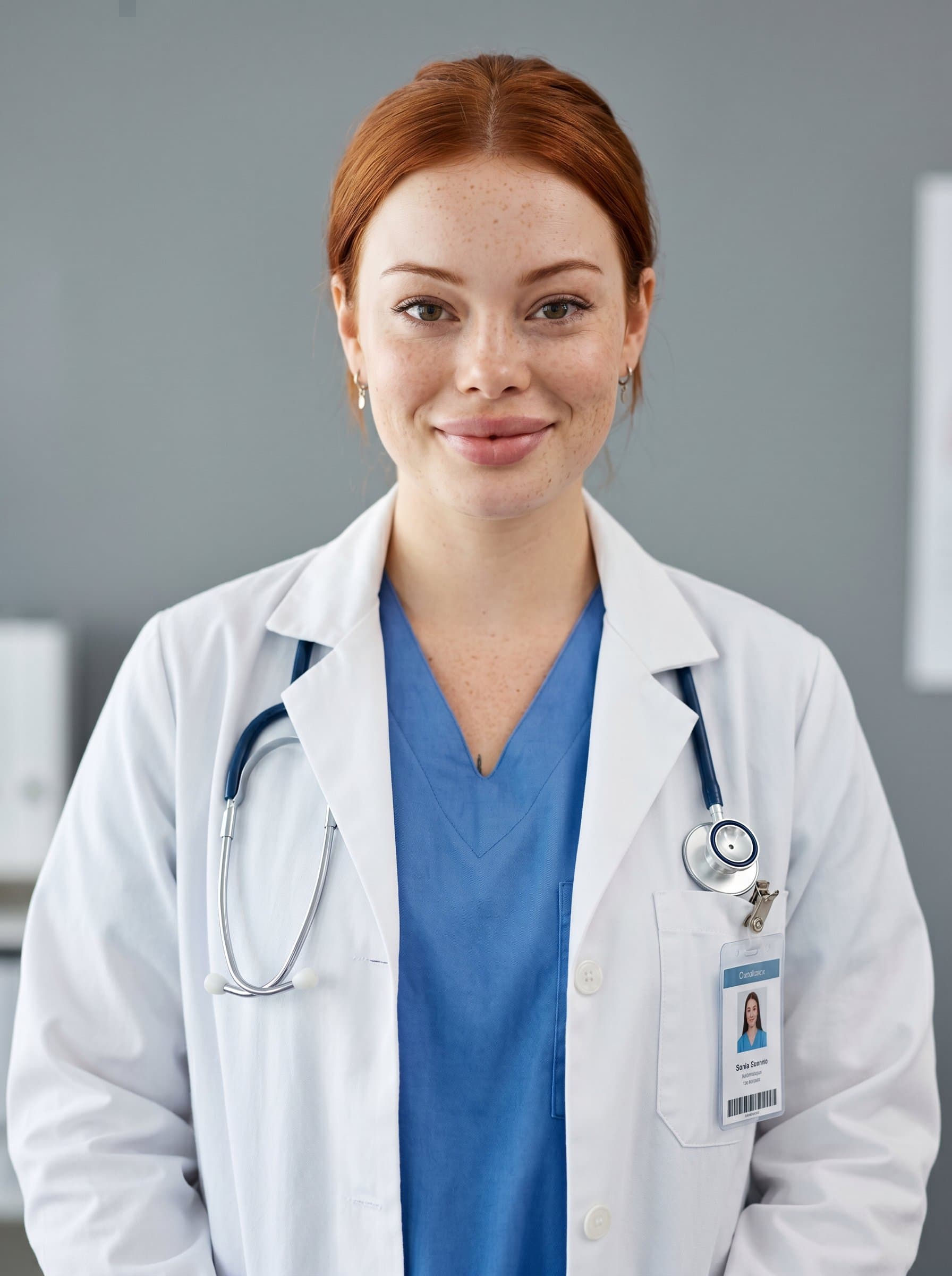 Craft a photorealistic AI headshot of a dedicated medical resident. The white coat and neutral background emphasize their professional nature and trustworthy demeanor, capturing a sense of approachability.