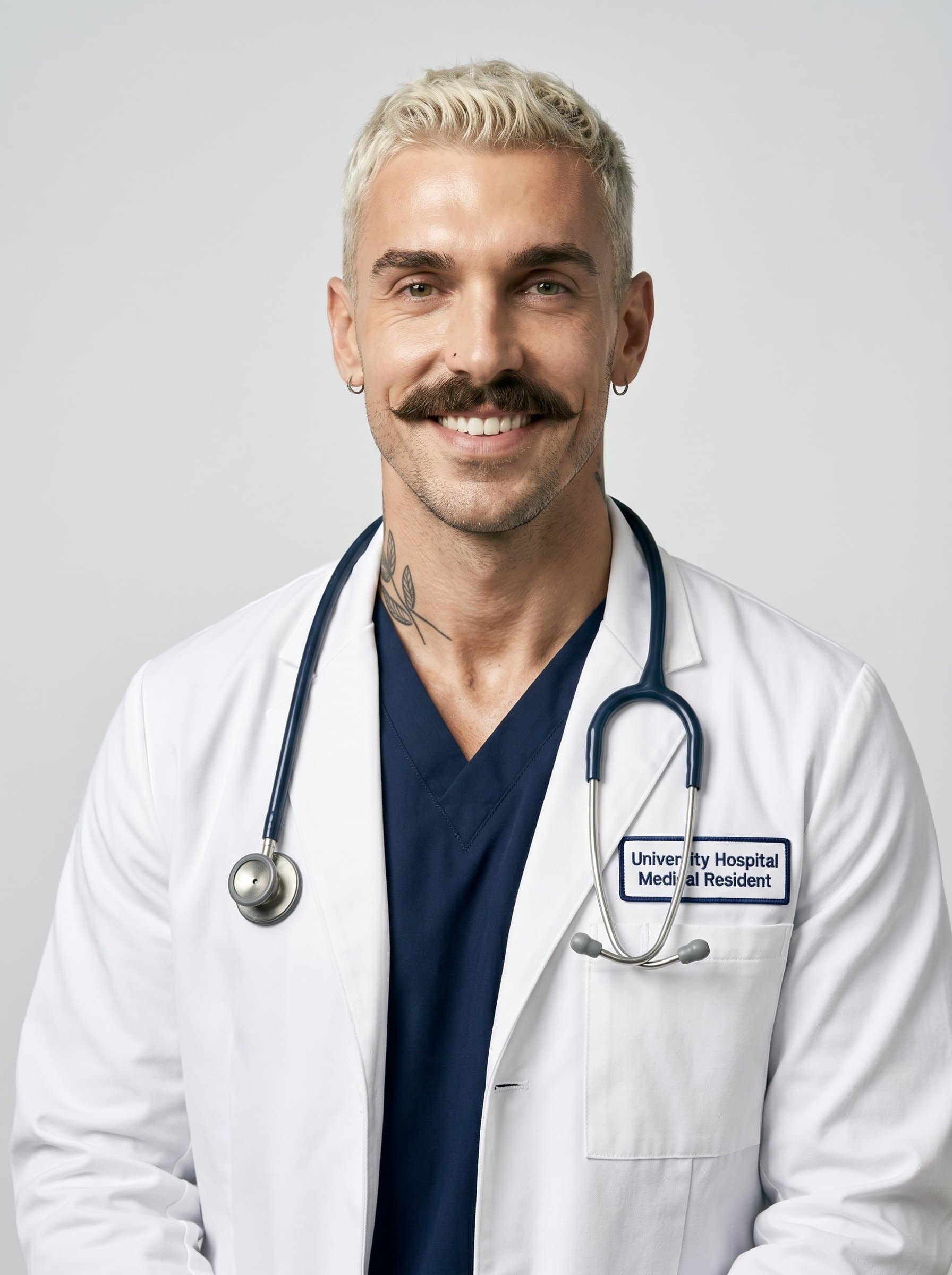 Design a photorealistic portrait of a medical resident, in a white coat. A simple, neutral background emphasizes their confident and approachable demeanor, suitable for professional profiles.