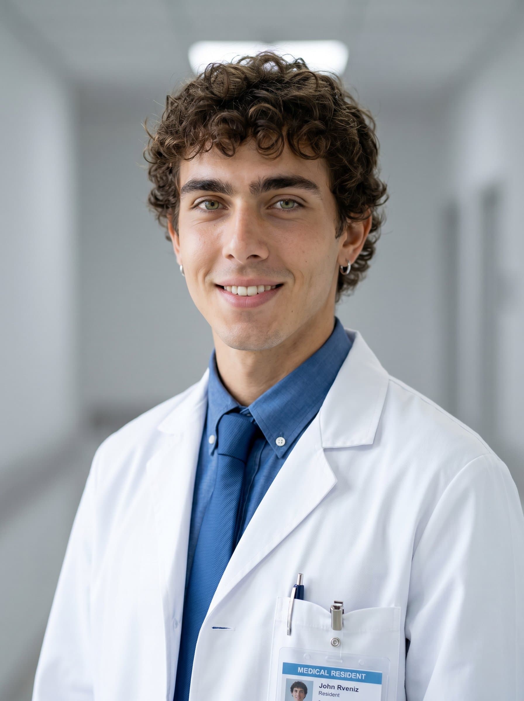 Generate a photorealistic portrait of a medical resident, in a white coat. The neutral background accentuates their poised and approachable expression, ideal for a professional setting.